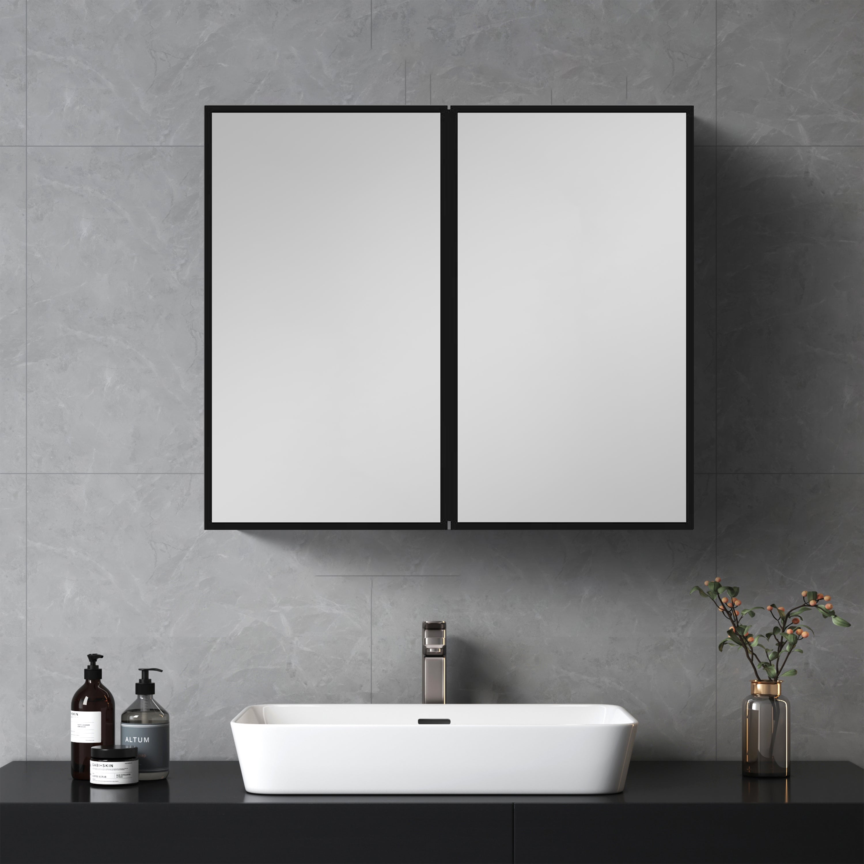 30 in. W x 26 in. H Black Framed Wall Mounted or Recessed Bathroom Medicine Cabinet with Mirror
