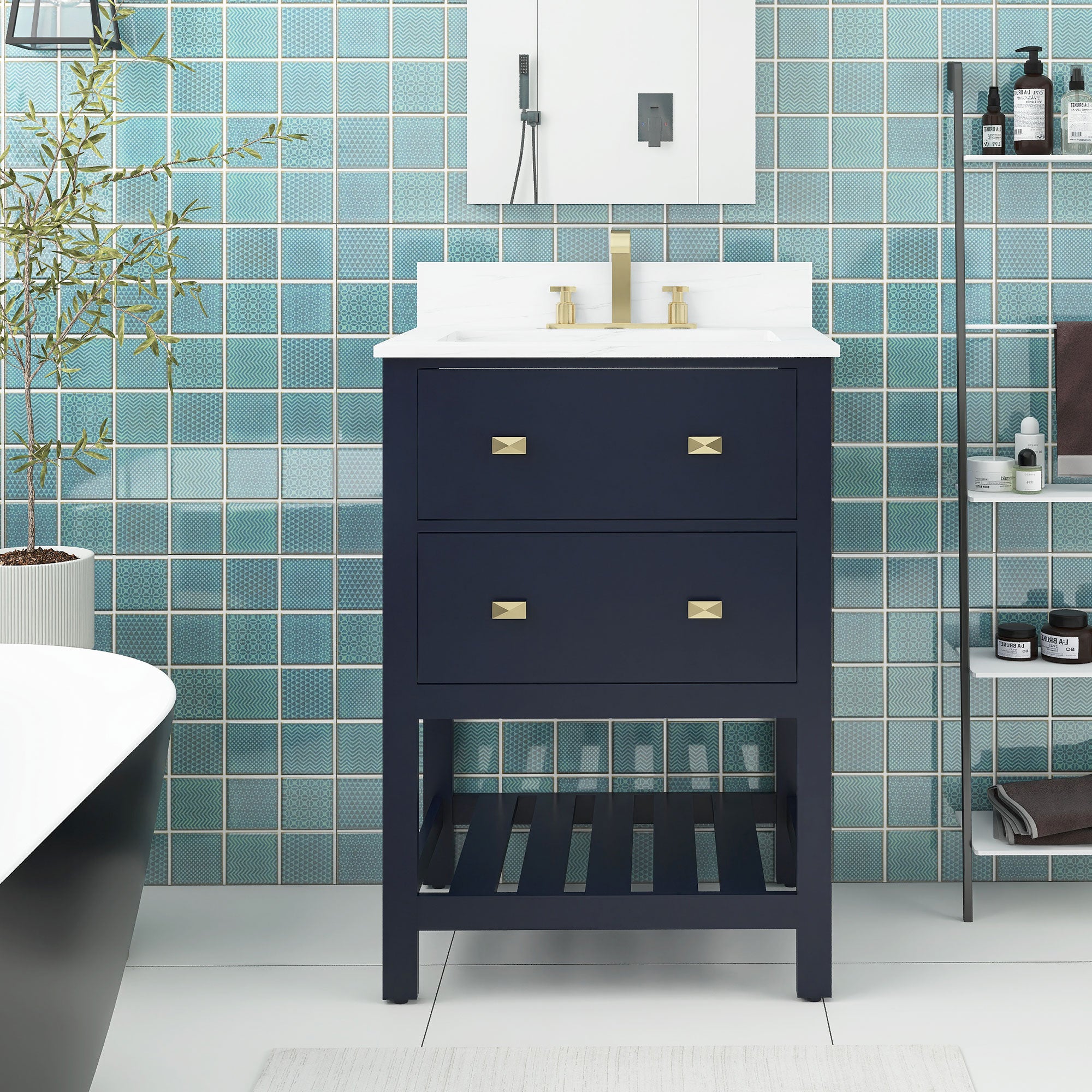 24/30 inch Plywood Freestanding Bathroom Vanity Set with Open Shelf and Ceramic Sink