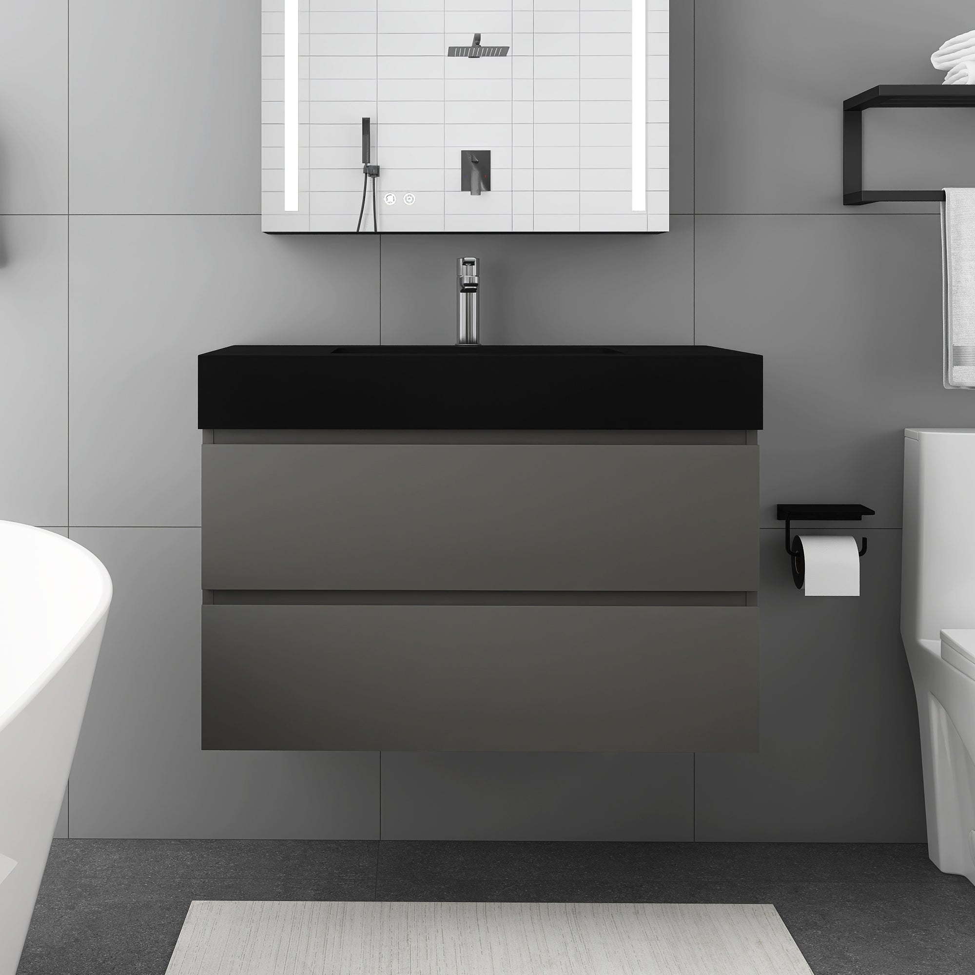 Staykiwi Wall-Mounted Bathroom Vanity Set with Black Integrated Solid Surface Sink