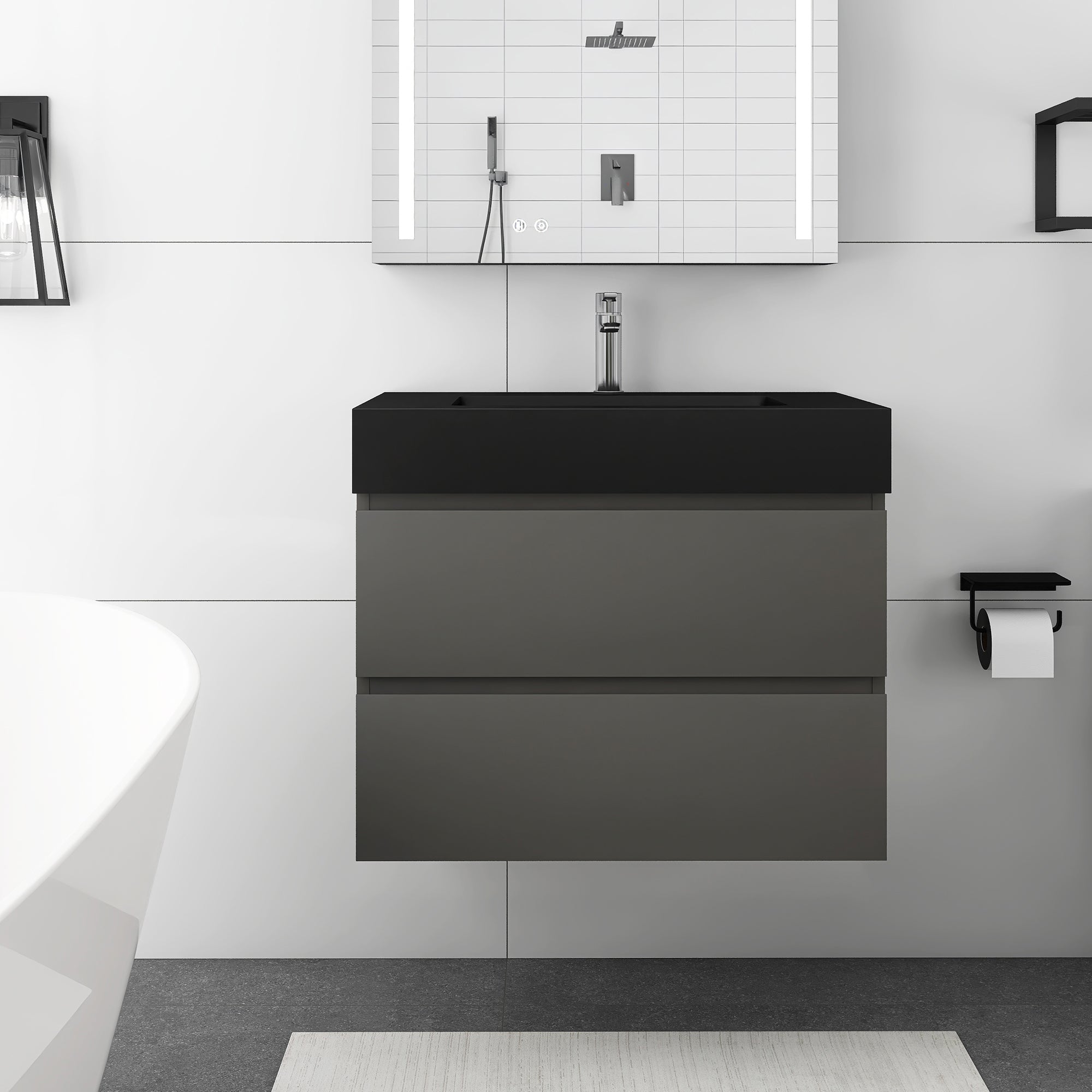 Staykiwi Wall-Mounted Bathroom Vanity Set with Black Integrated Solid Surface Sink