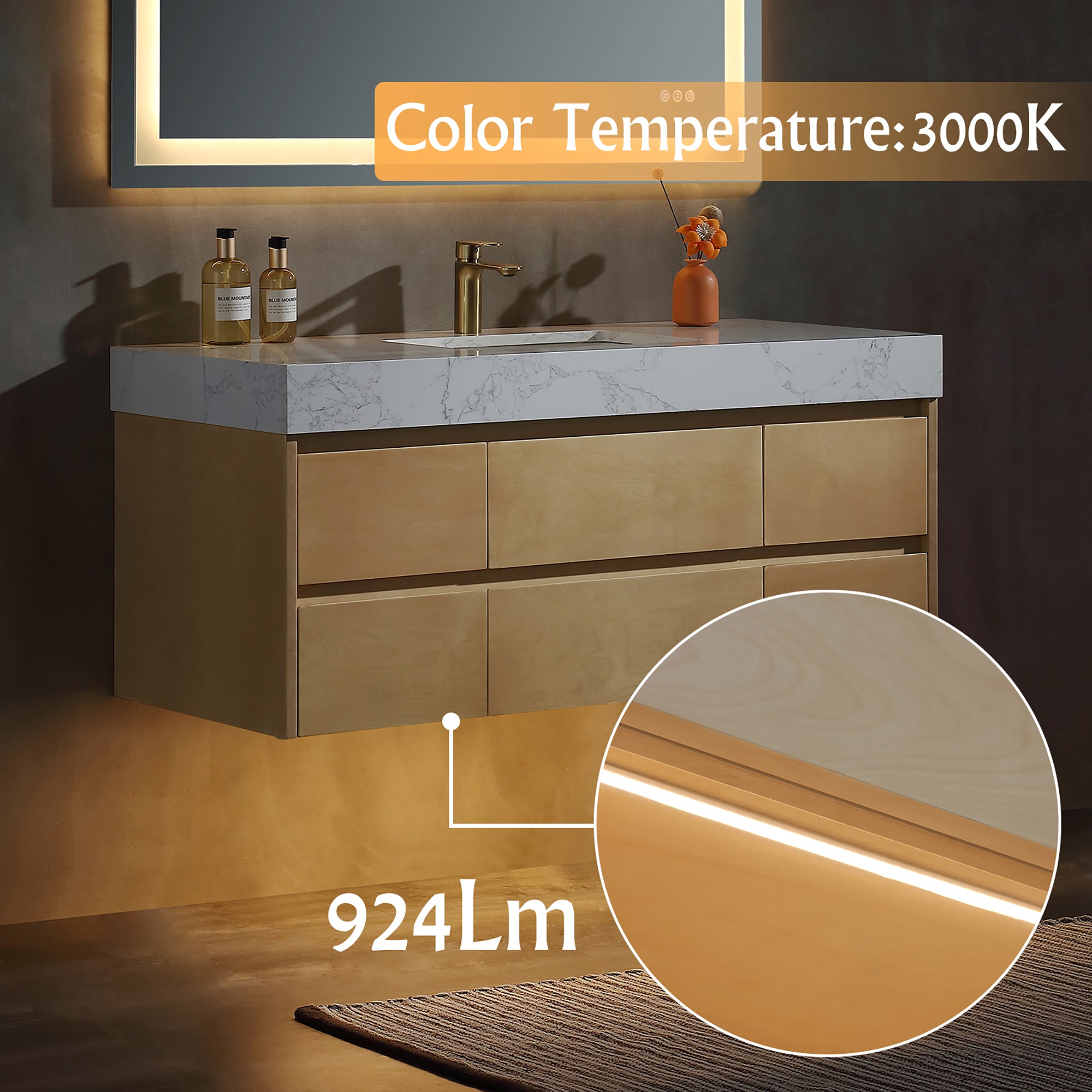 36 Inch Solid Wood Wall-Mounted Bathroom Vanity Set in Maple with Engineered Stone and Ceramic Sink