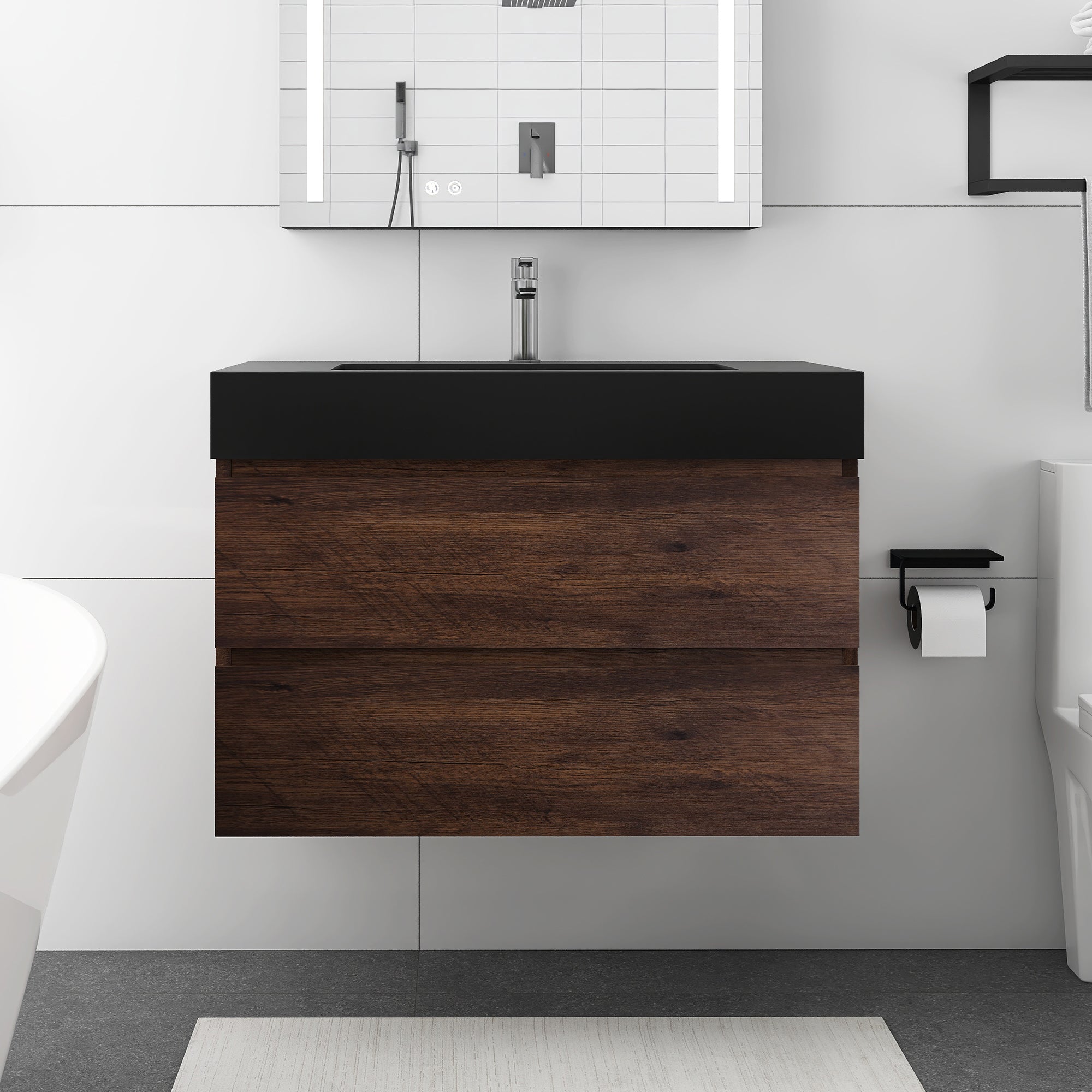 Staykiwi Wall-Mounted Bathroom Vanity Set with Black Integrated Solid Surface Sink