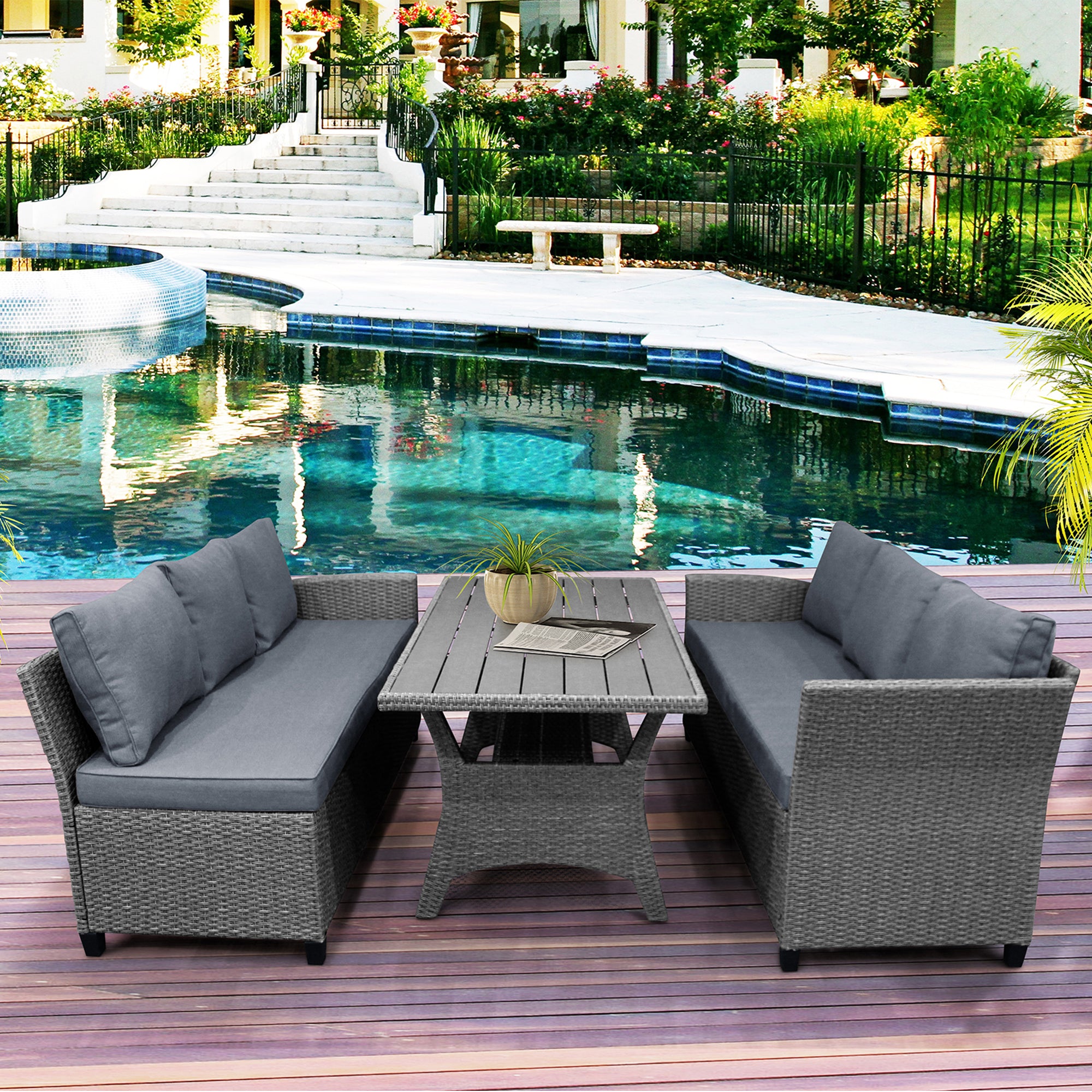 3 Pieces Outdoor Rattan Patio Sectional Sofa Set with Cushions and Table