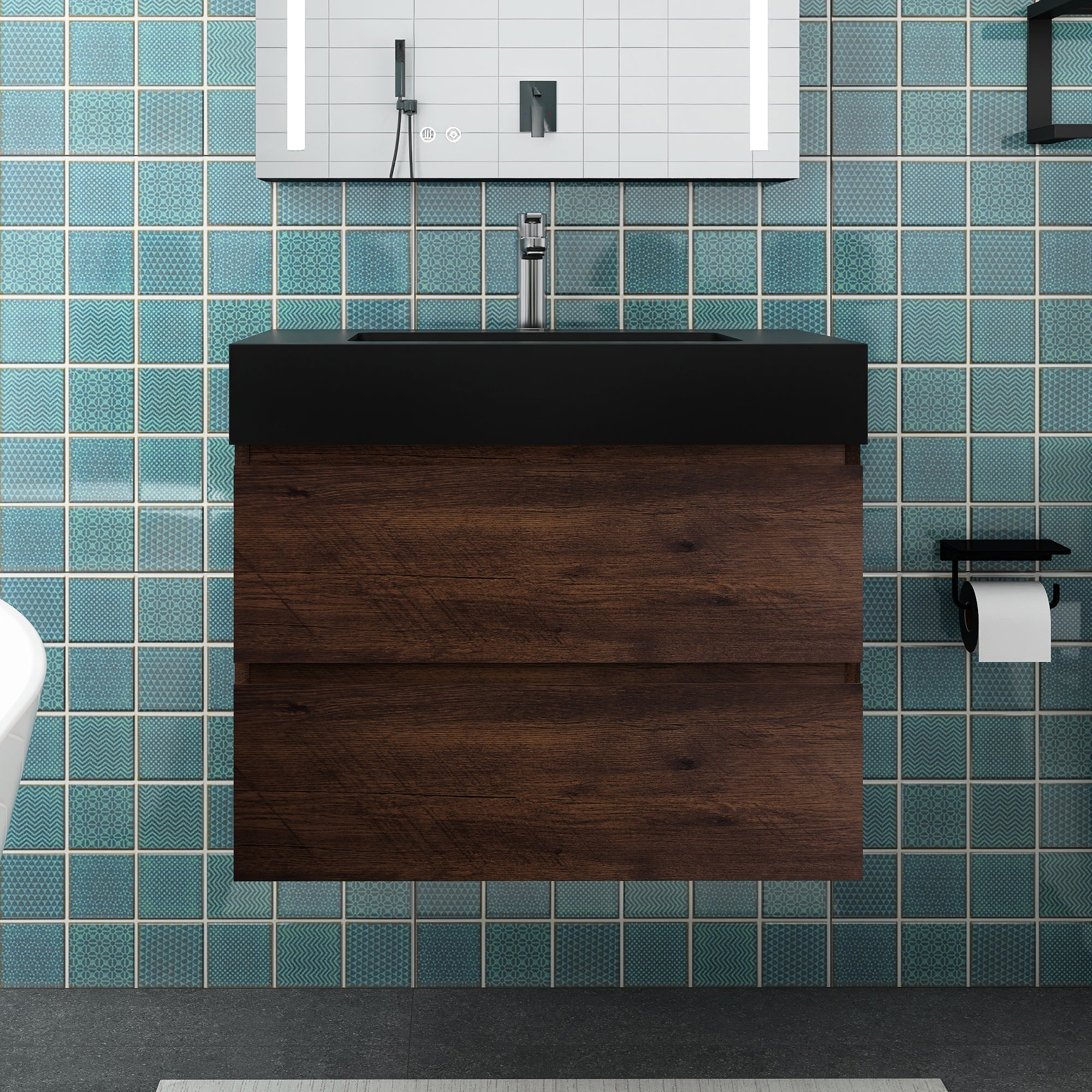 Staykiwi Wall-Mounted Bathroom Vanity Set with Black Integrated Solid Surface Sink