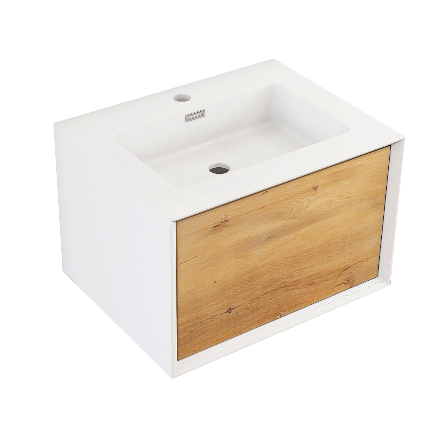 24 in./30 in./36 in. Wall-Mounted 1-drawer Bathroom Vanity Set in White and Oak with Integrated Solid Surface Sink