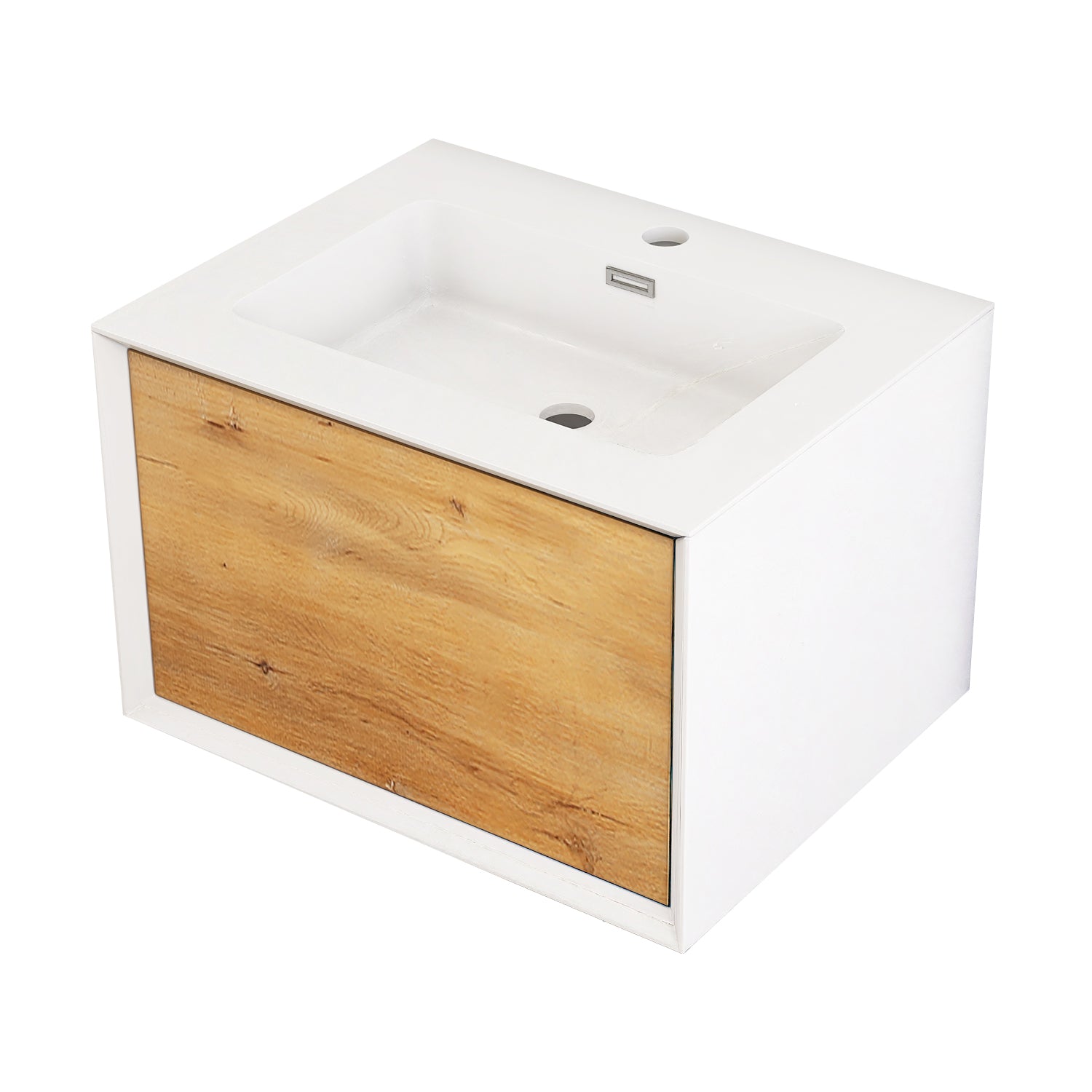 24 in./30 in./36 in. Wall-Mounted 1-drawer Bathroom Vanity Set in White and Oak with Integrated Solid Surface Sink
