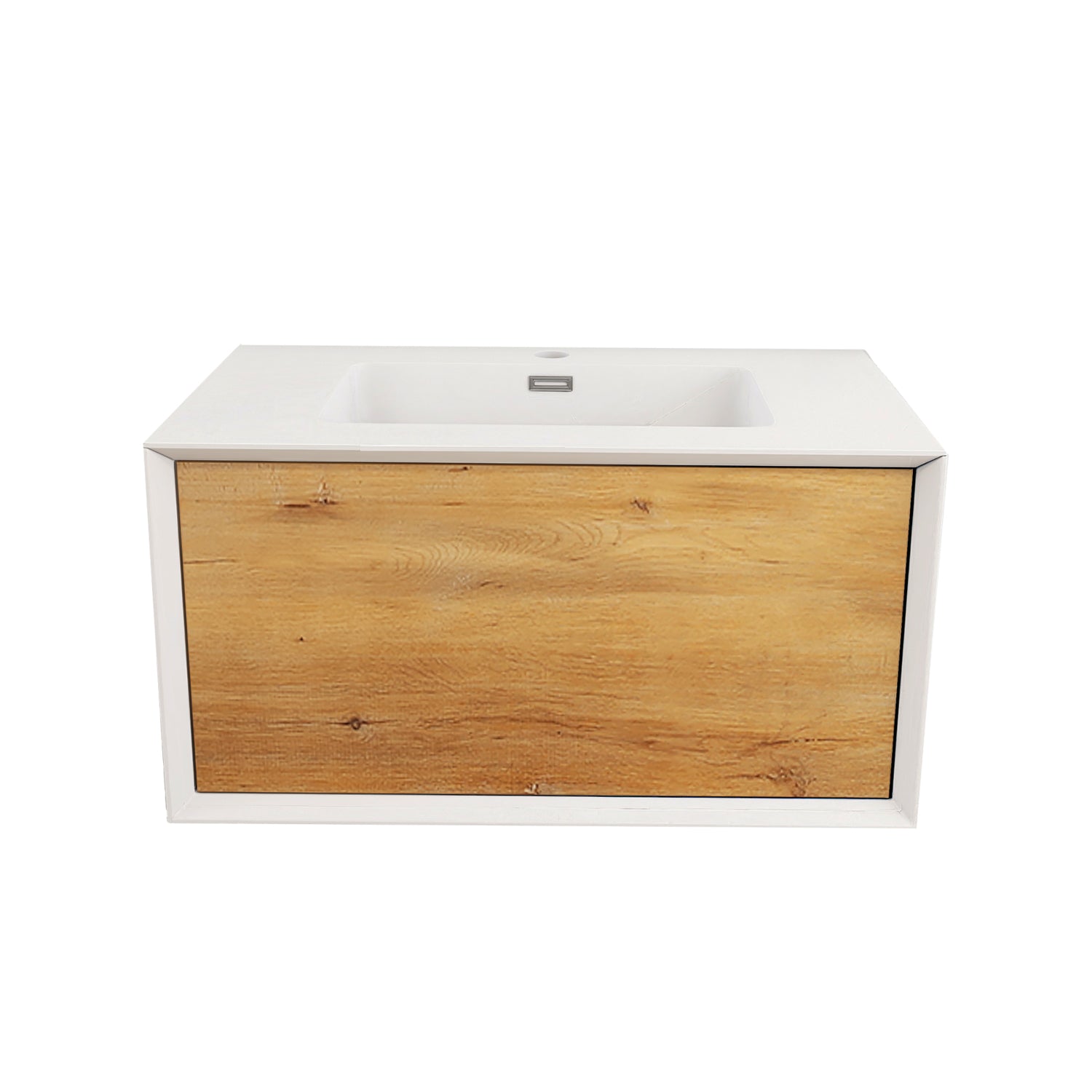 24 in./30 in./36 in. Wall-Mounted 1-drawer Bathroom Vanity Set in White and Oak with Integrated Solid Surface Sink
