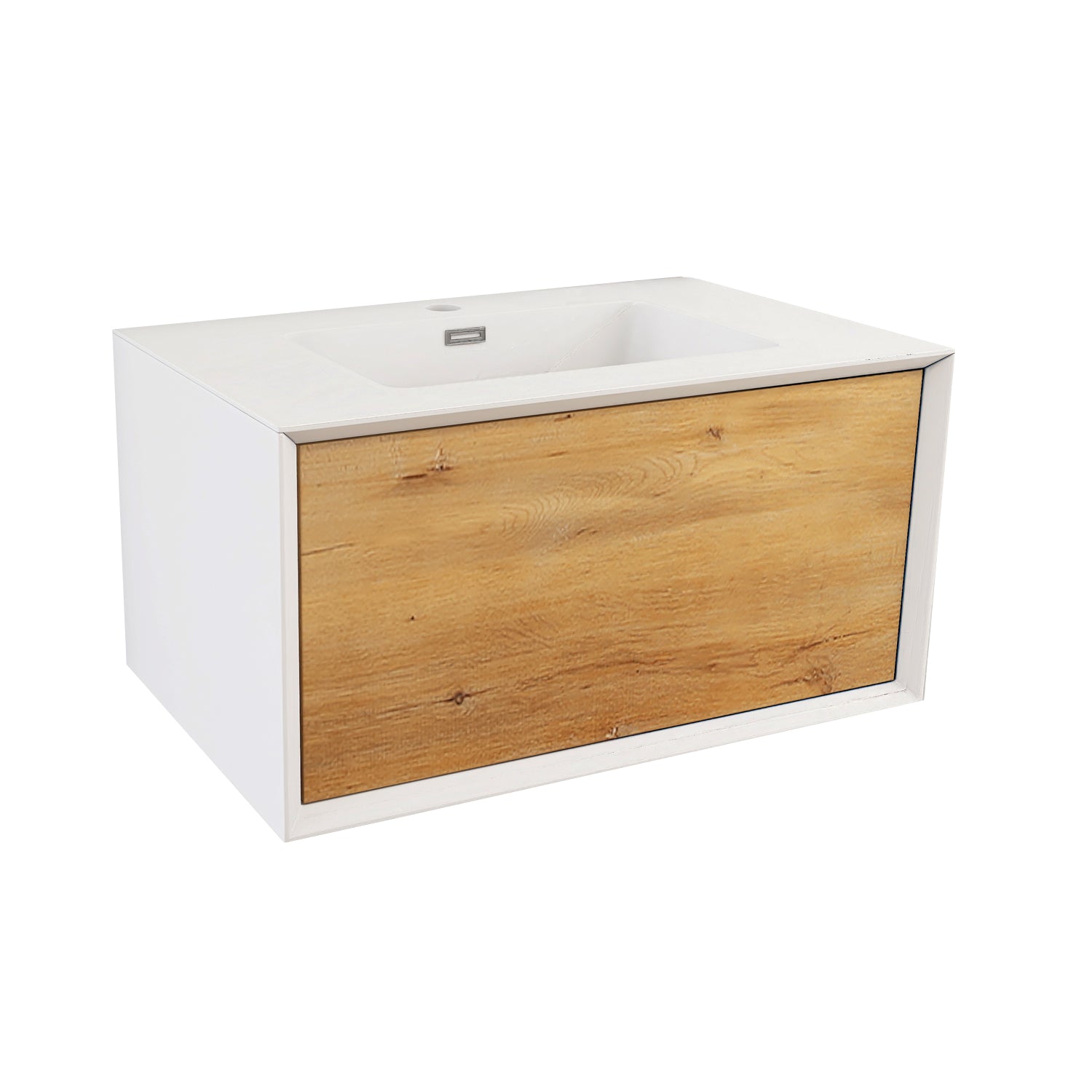 24 in./30 in./36 in. Wall-Mounted 1-drawer Bathroom Vanity Set in White and Oak with Integrated Solid Surface Sink