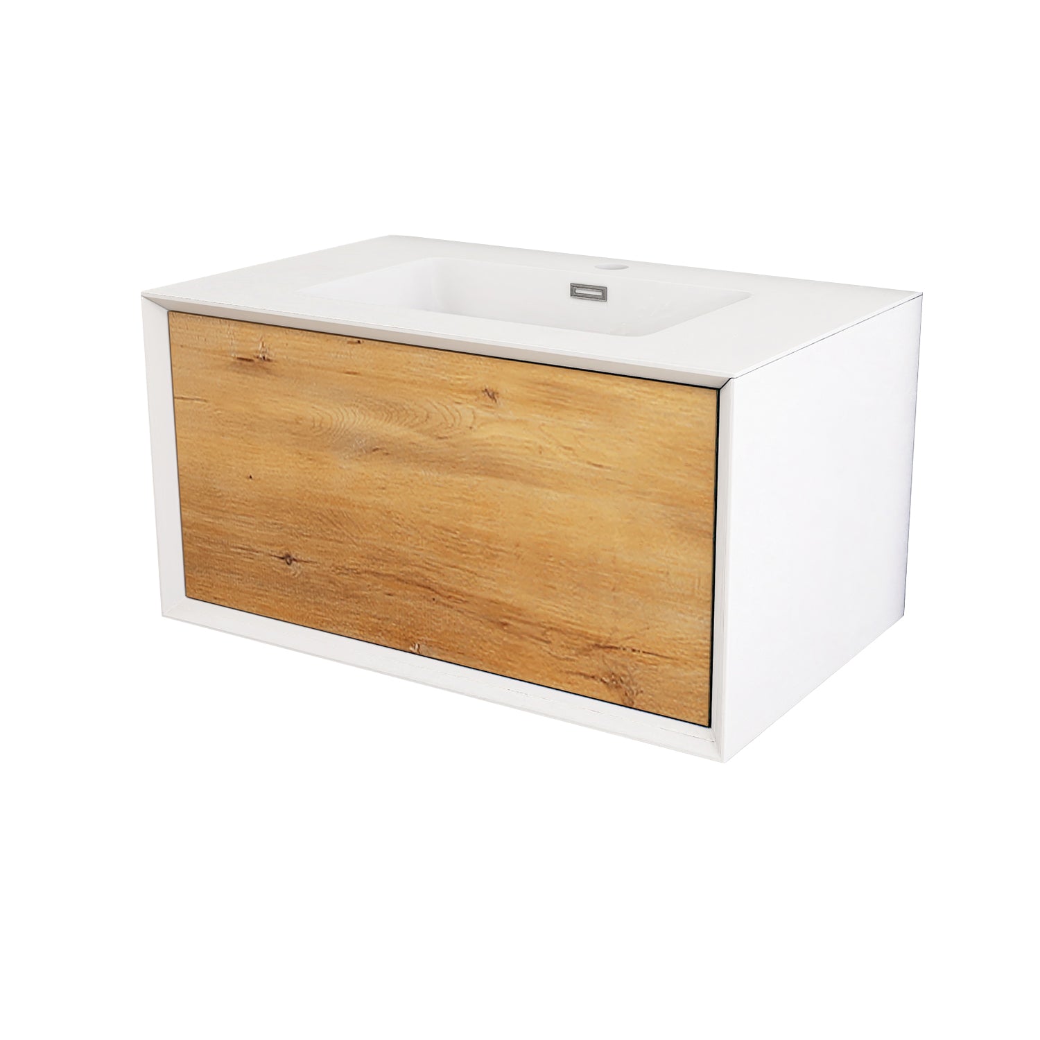 24 in./30 in./36 in. Wall-Mounted 1-drawer Bathroom Vanity Set in White and Oak with Integrated Solid Surface Sink