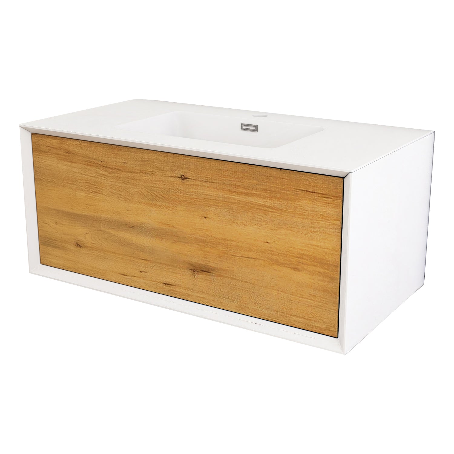 24 in./30 in./36 in. Wall-Mounted 1-drawer Bathroom Vanity Set in White and Oak with Integrated Solid Surface Sink