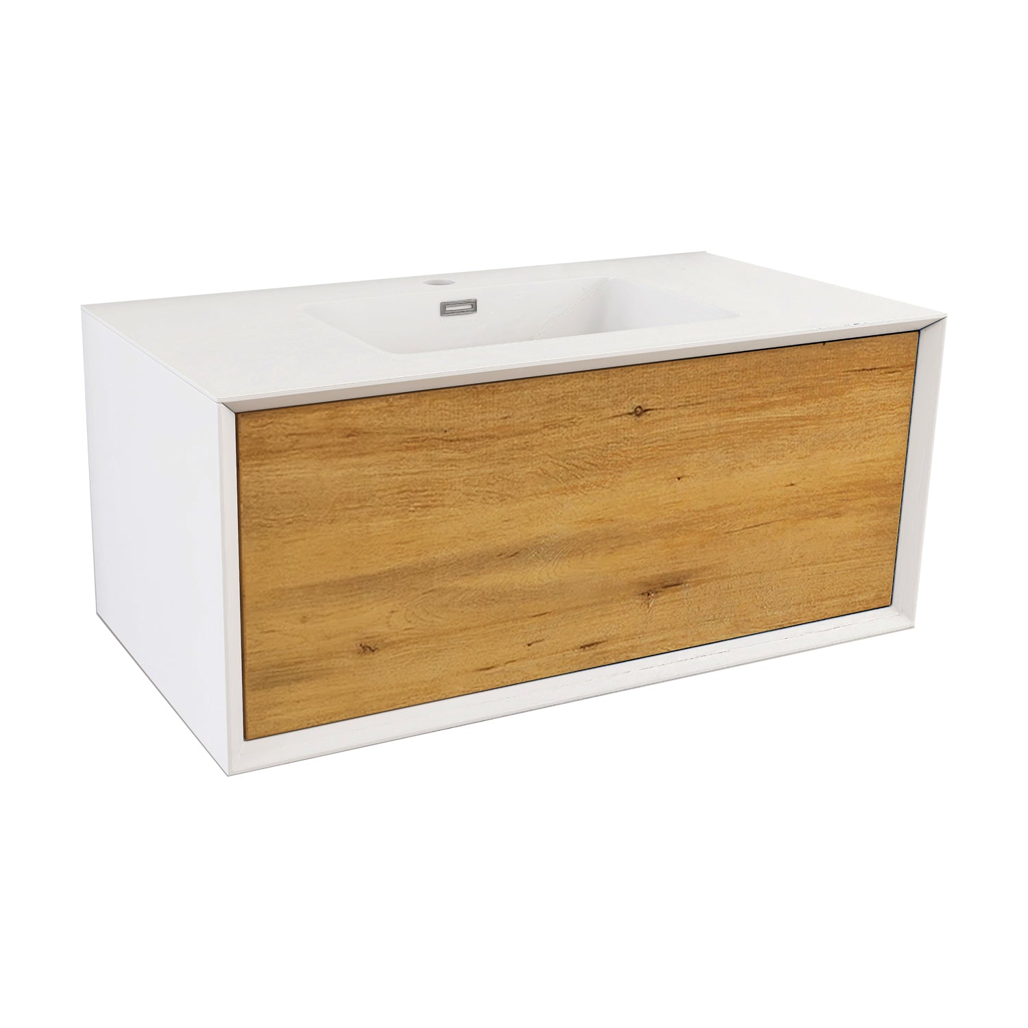 24 in./30 in./36 in. Wall-Mounted 1-drawer Bathroom Vanity Set in White and Oak with Integrated Solid Surface Sink