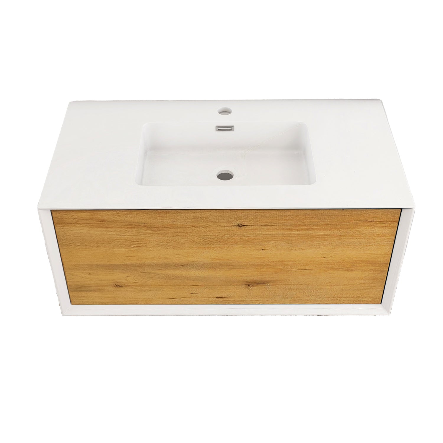 24 in./30 in./36 in. Wall-Mounted 1-drawer Bathroom Vanity Set in White and Oak with Integrated Solid Surface Sink