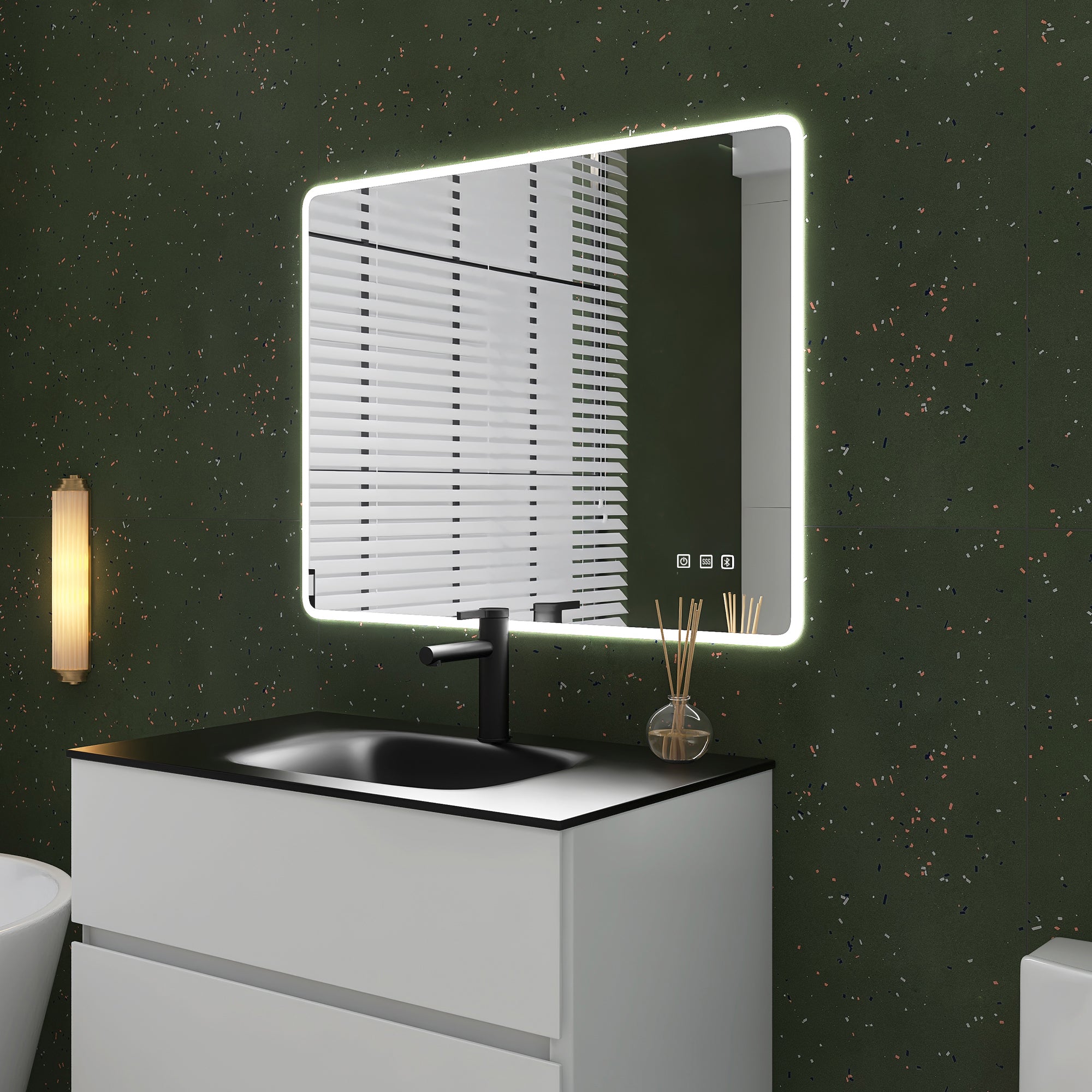 2836 Rectangular Wall-Mounted Dimmable LED Bathroom Vanity Mirror with Defogger and Bluetooth Music Speaker