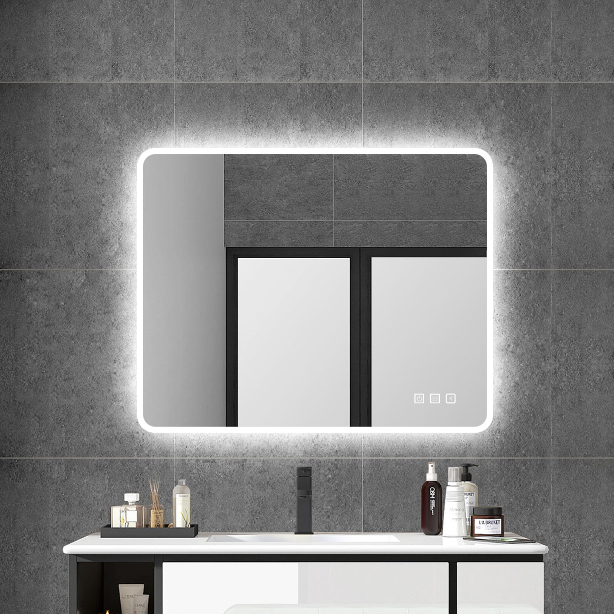 2836 Rectangular Wall-Mounted Dimmable LED Bathroom Vanity Mirror with Defogger and Bluetooth Music Speaker