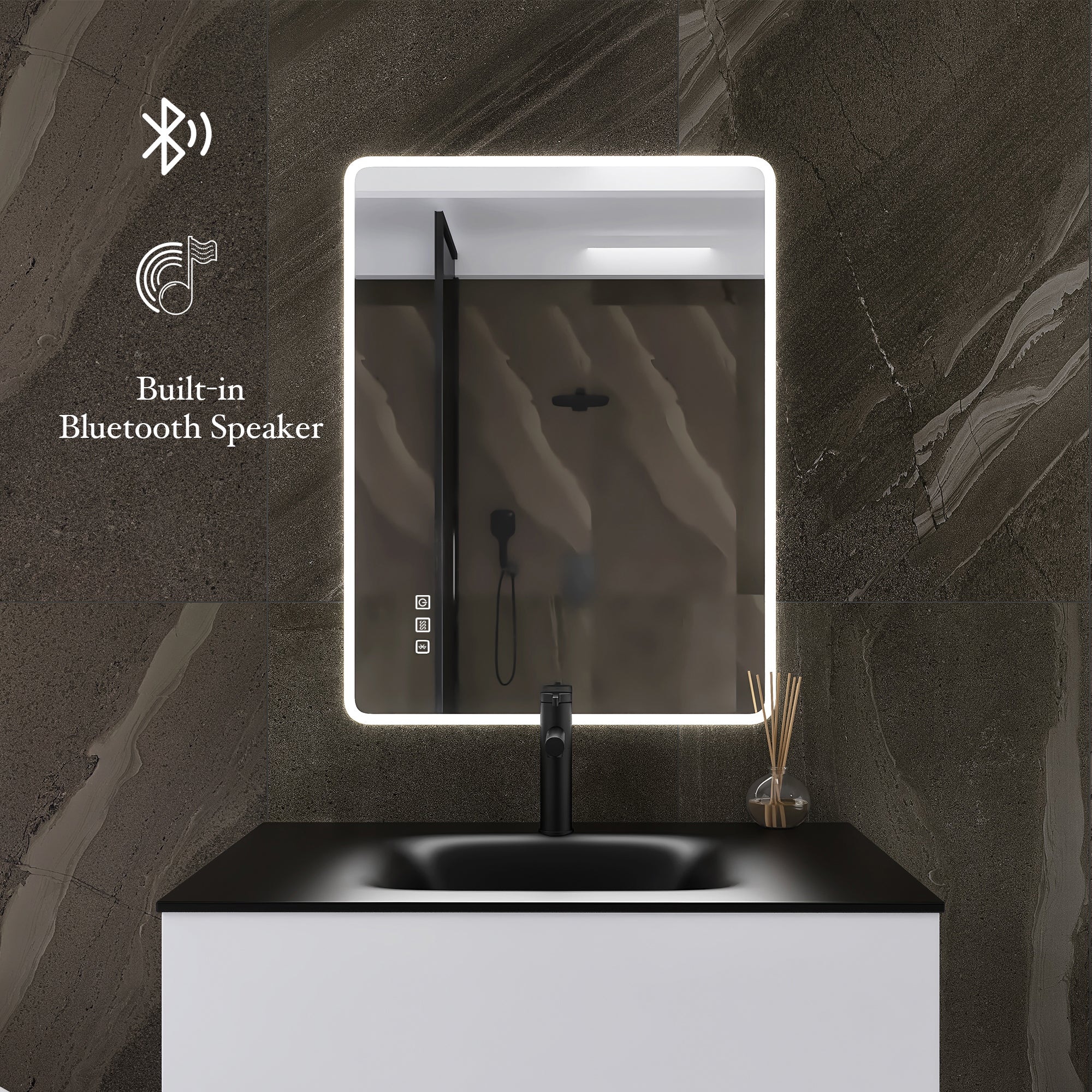 2836 Rectangular Wall-Mounted Dimmable LED Bathroom Vanity Mirror with Defogger and Bluetooth Music Speaker