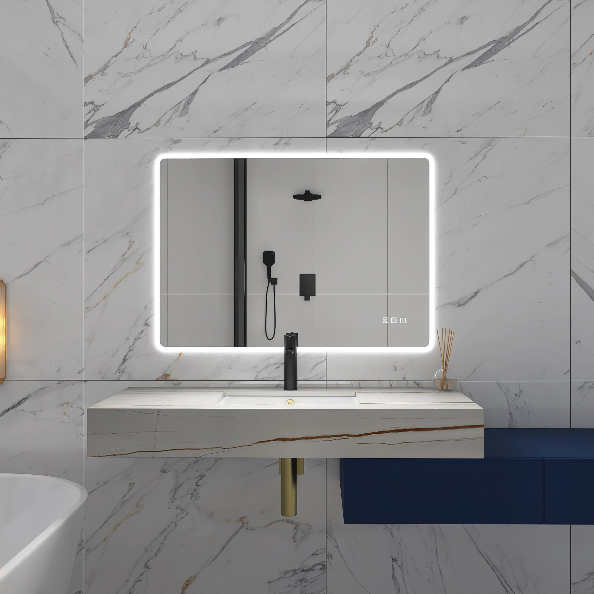 2840 Rectangular Wall-Mounted Dimmable LED Bathroom Vanity Mirror with Defogger and Bluetooth Music Speaker