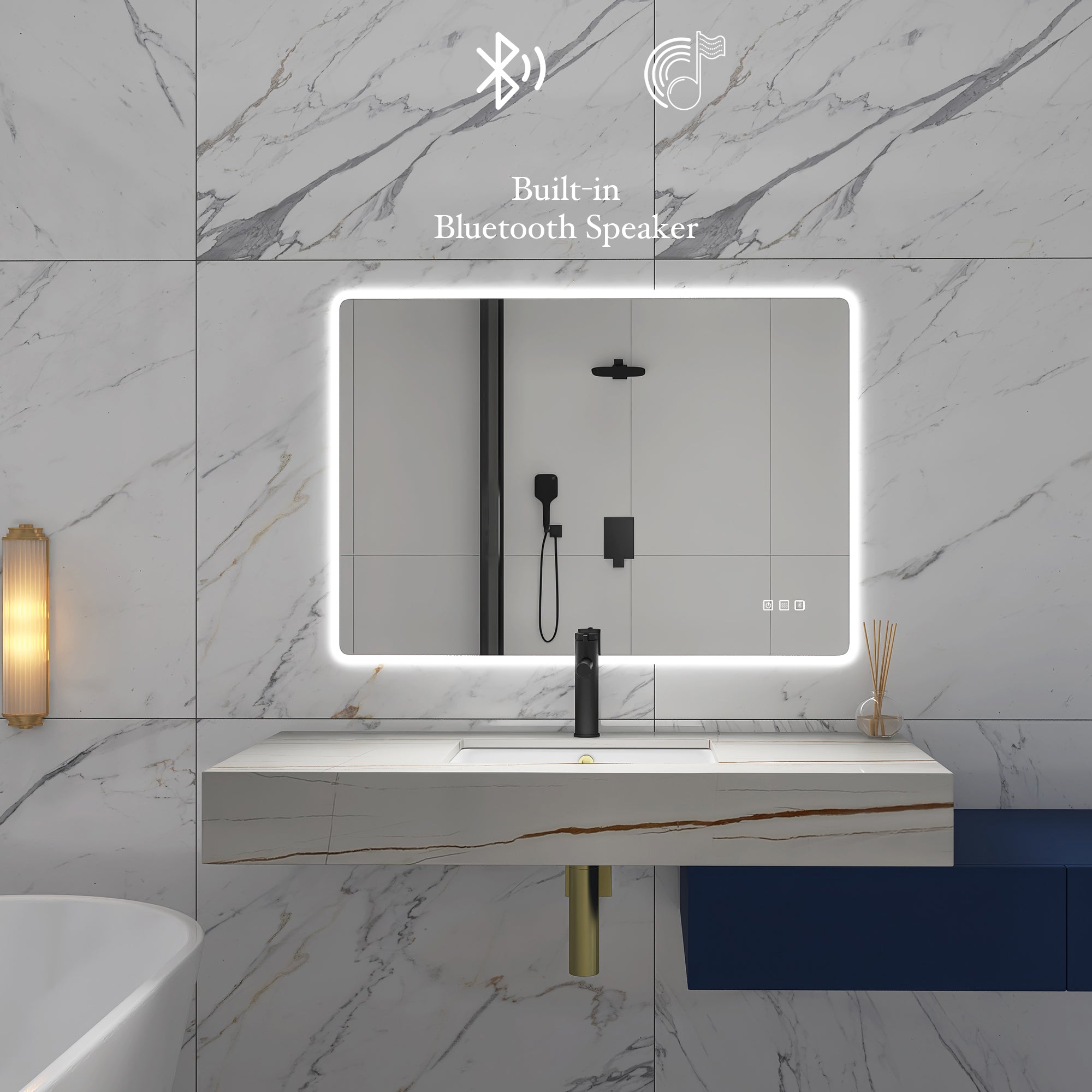 2840 Rectangular Wall-Mounted Dimmable LED Bathroom Vanity Mirror with Defogger and Bluetooth Music Speaker
