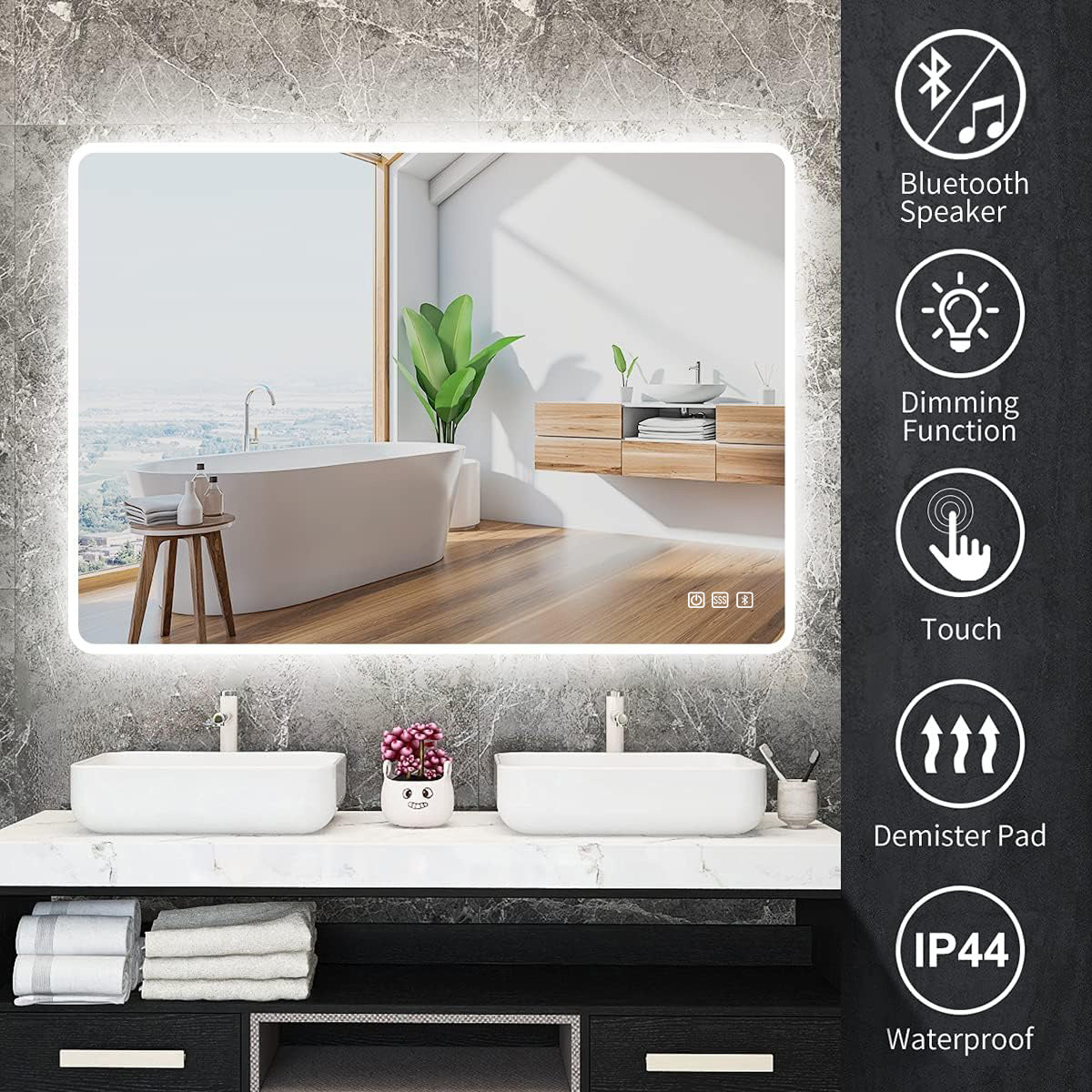 2840 Rectangular Wall-Mounted Dimmable LED Bathroom Vanity Mirror with Defogger and Bluetooth Music Speaker