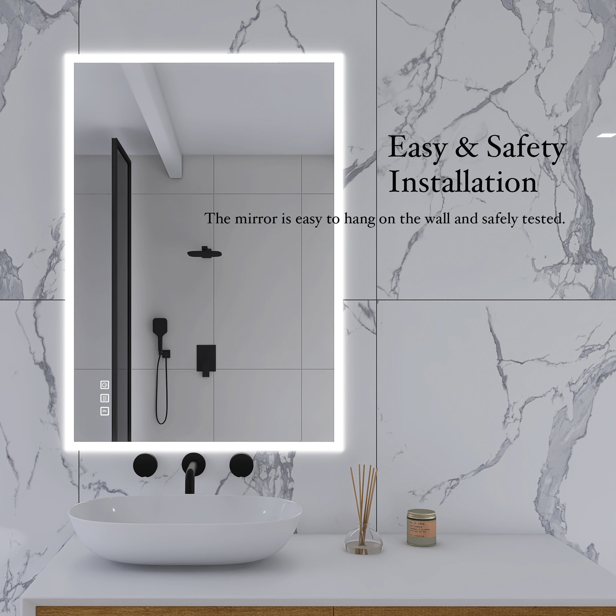 28x36 Rectangular Frameless Anti-Fog Wall Mounted Dimmable LED Bathroom Vanity Mirror