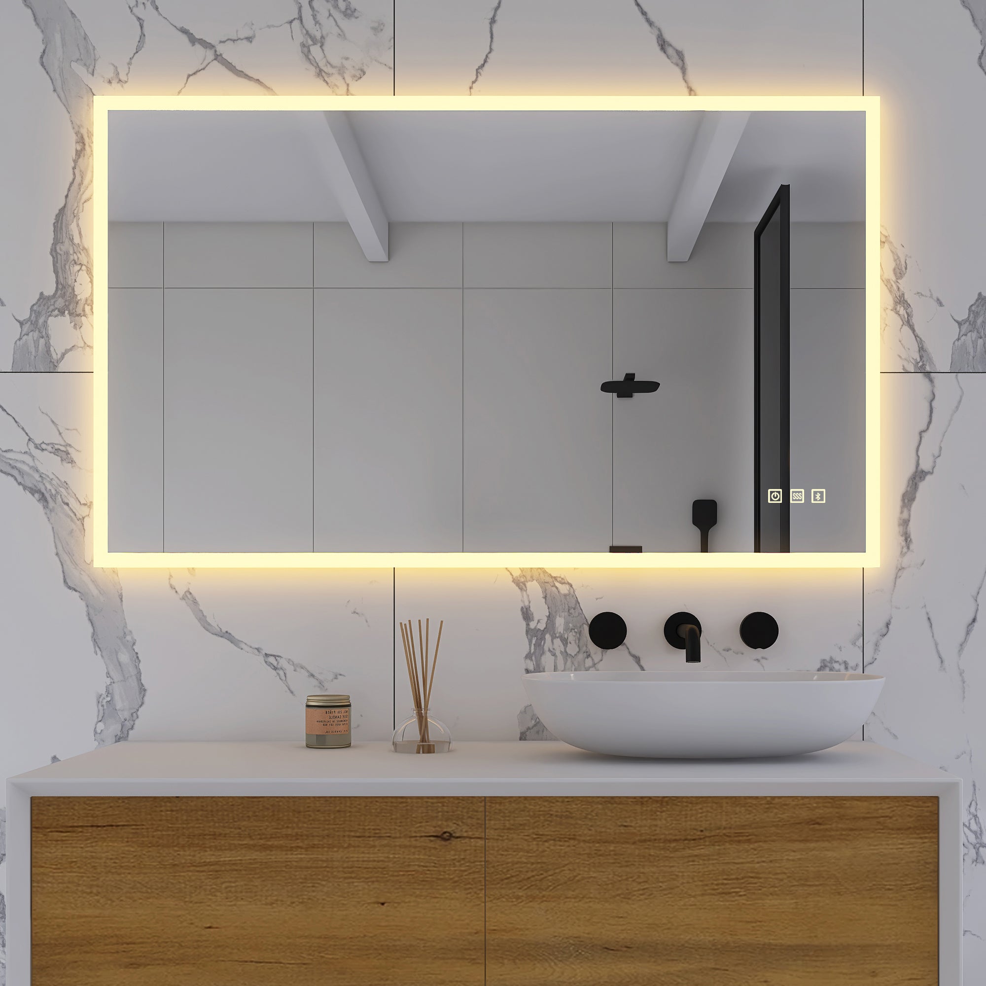 28X48 Rectangular Frameless Anti-Fog Wall Mounted Dimmable LED Bathroom Vanity Mirror
