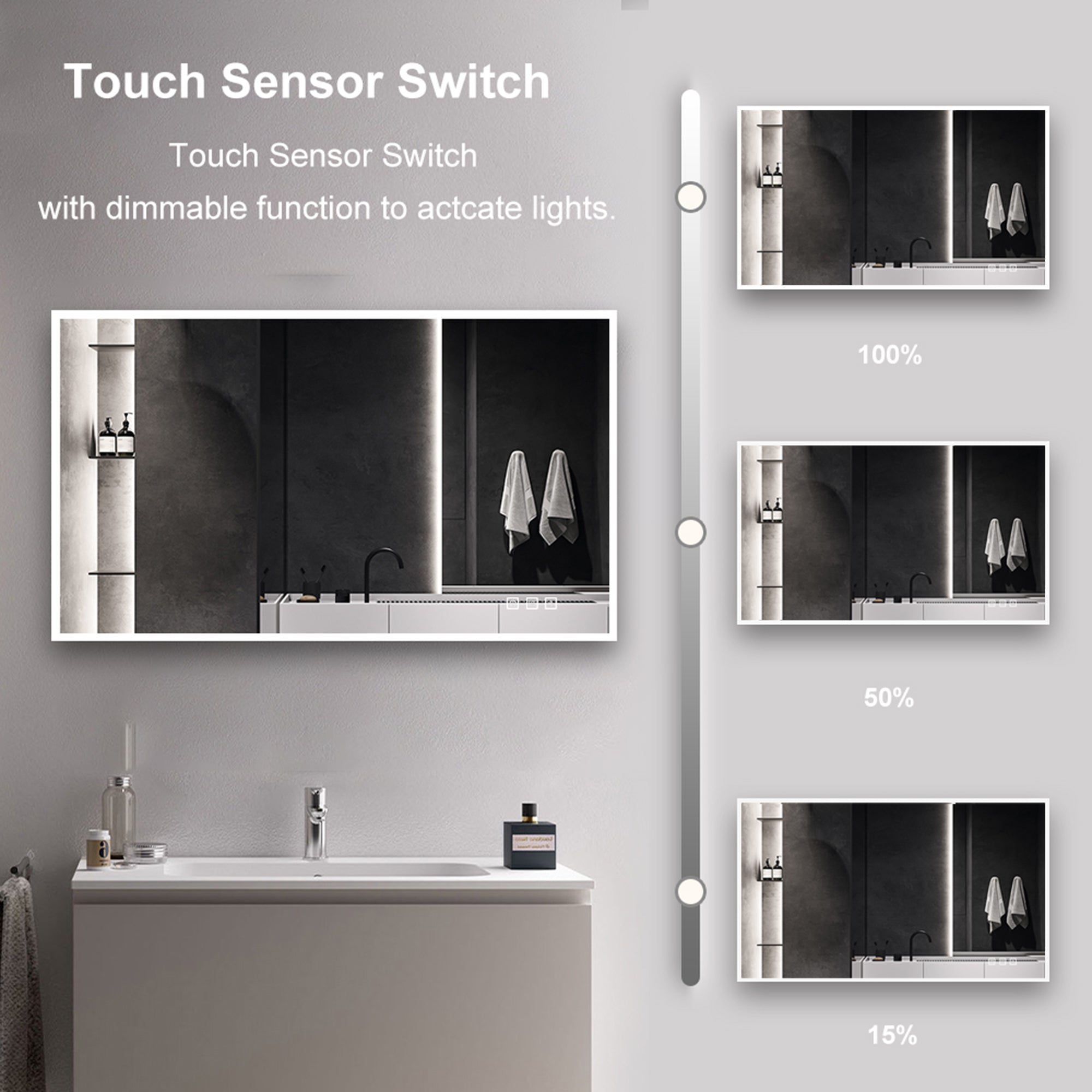 35x60 Rectangular Frameless Anti-Fog Wall Mounted Dimmable LED Bathroom Vanity Mirror