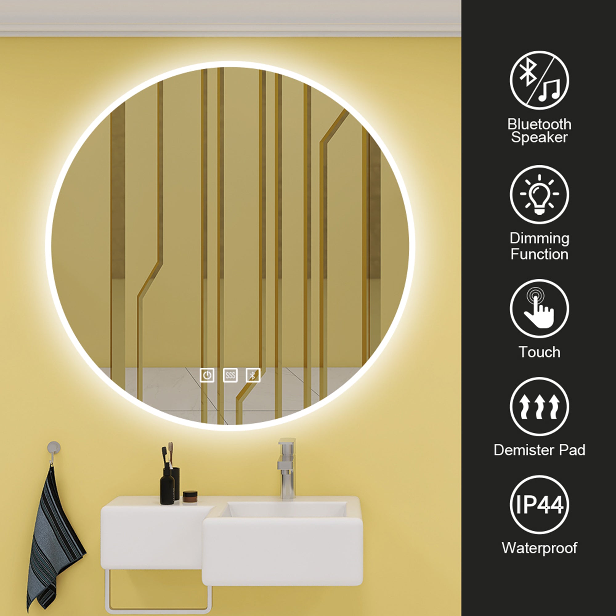 28'' Round Frameless Wall Mount Anti Fog LED Light Bathroom Vanity Mirror