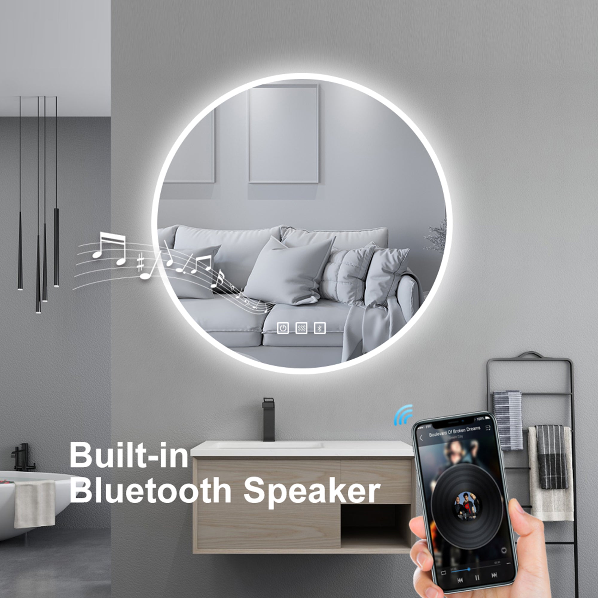 28'' Round Frameless Wall Mount Anti Fog LED Light Bathroom Vanity Mirror