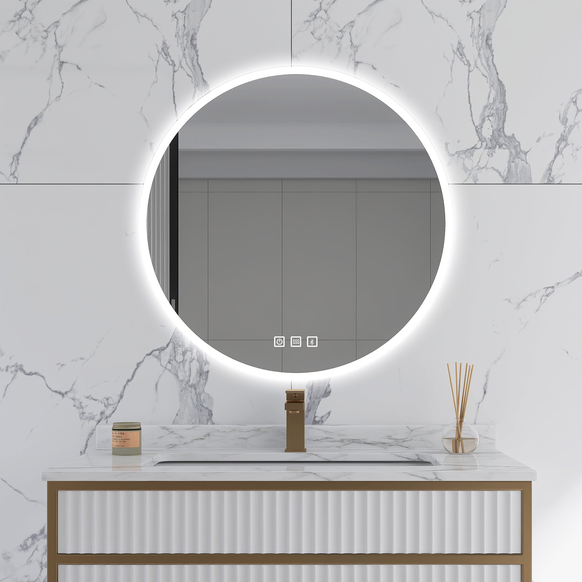 32''Round Frameless Wall Mount Anti Fog LED Light Bathroom Vanity Mirror