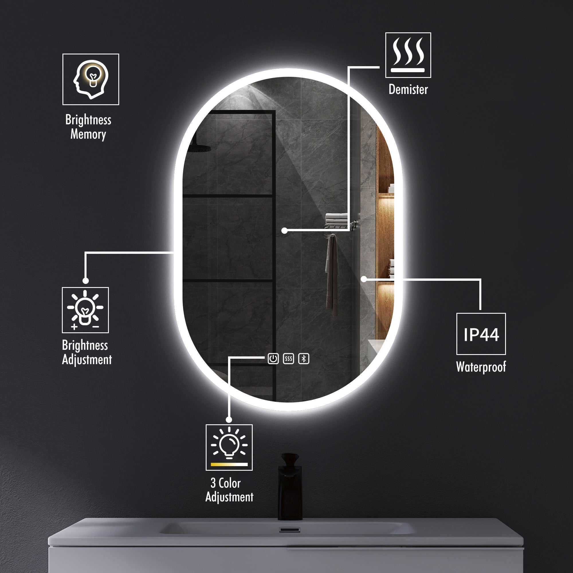 24 in. W x 36 in. H Large Oval Frameless Wall-Mount Anti-Fog LED Light Bathroom Vanity Mirror