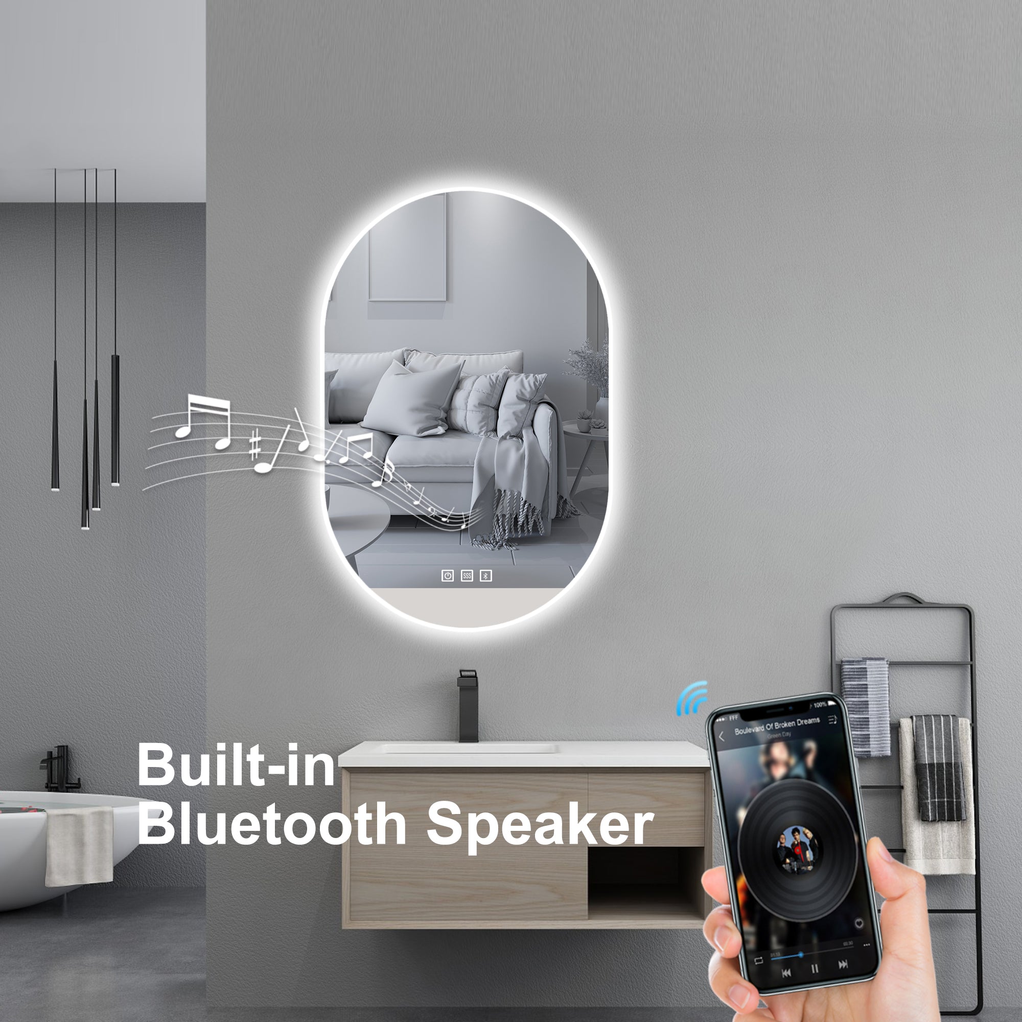 24 in. W x 36 in. H Large Oval Frameless Wall-Mount Anti-Fog LED Light Bathroom Vanity Mirror