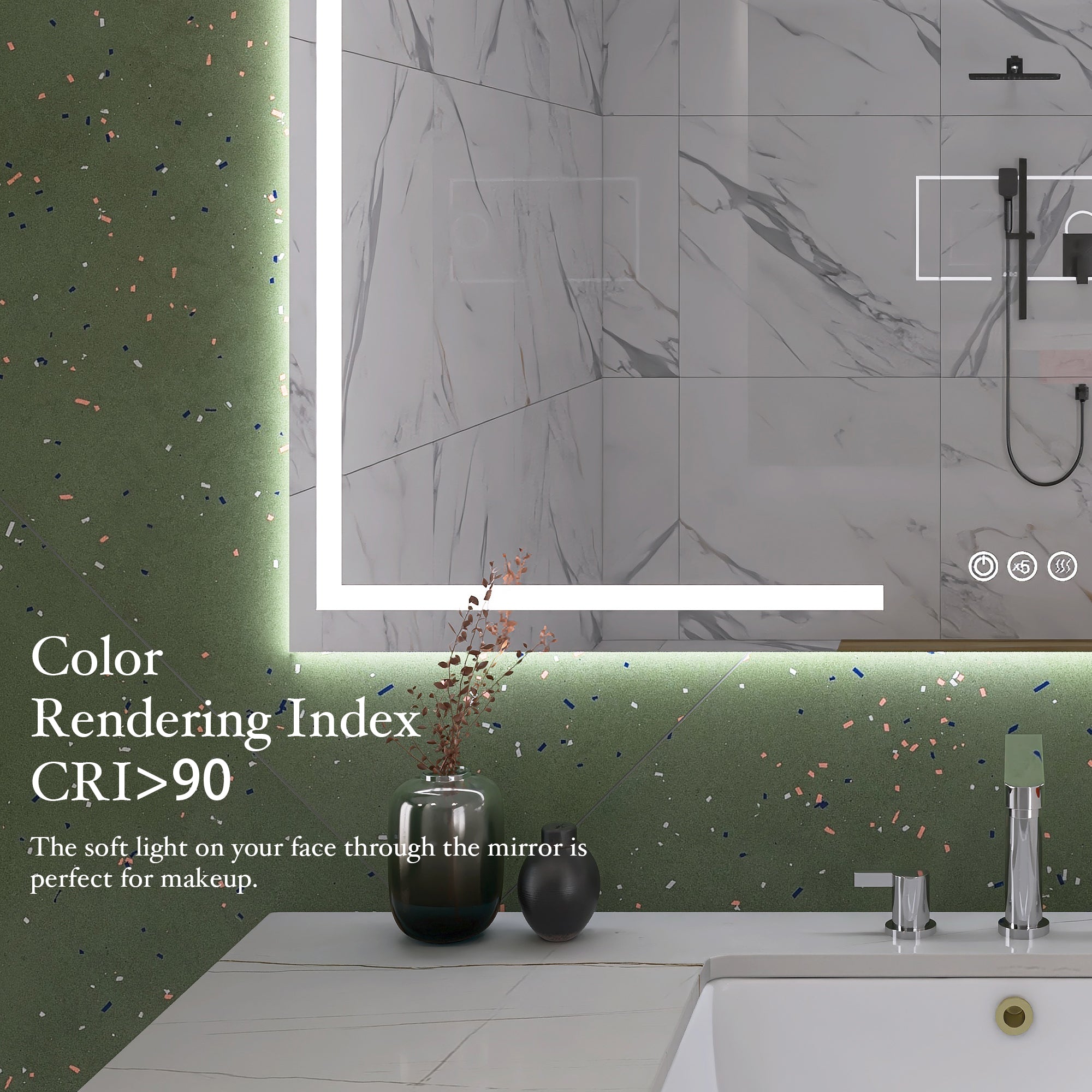 48" x 28" Large Rectangular Frameless Multi-functional Wall-Mount LED Bathroom Vanity Mirror