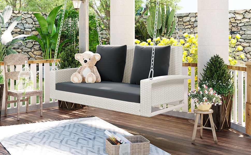 2-Person Wicker Hanging Porch Swing with Chains, Cushion and Pillow BOGOOS01W-G