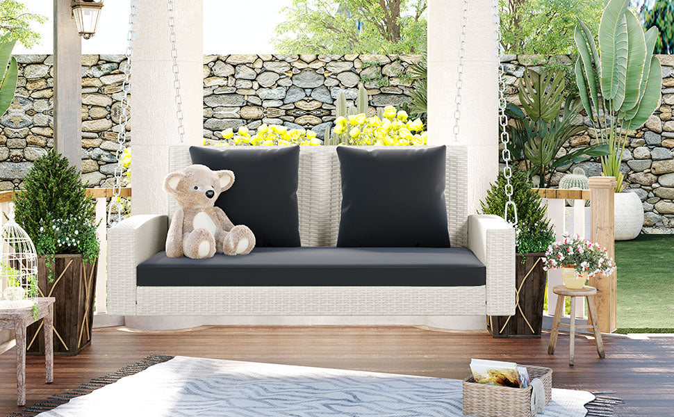 2-Person Wicker Hanging Porch Swing with Chains, Cushion and Pillow BOGOOS01W-G