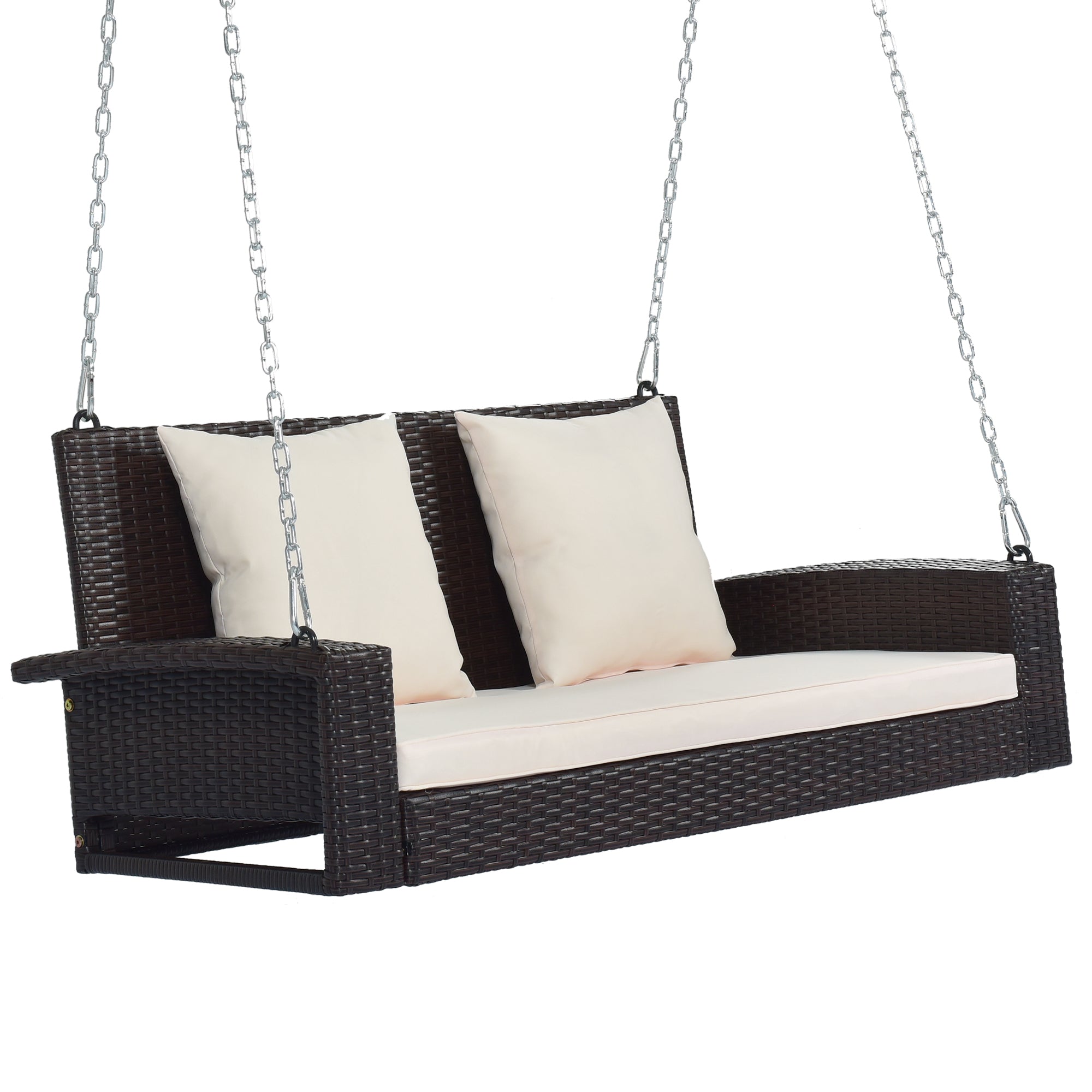 2-Person Wicker Hanging Porch Swing with Chains, Cushion and Pillow BOGOOS01BRO-BEG