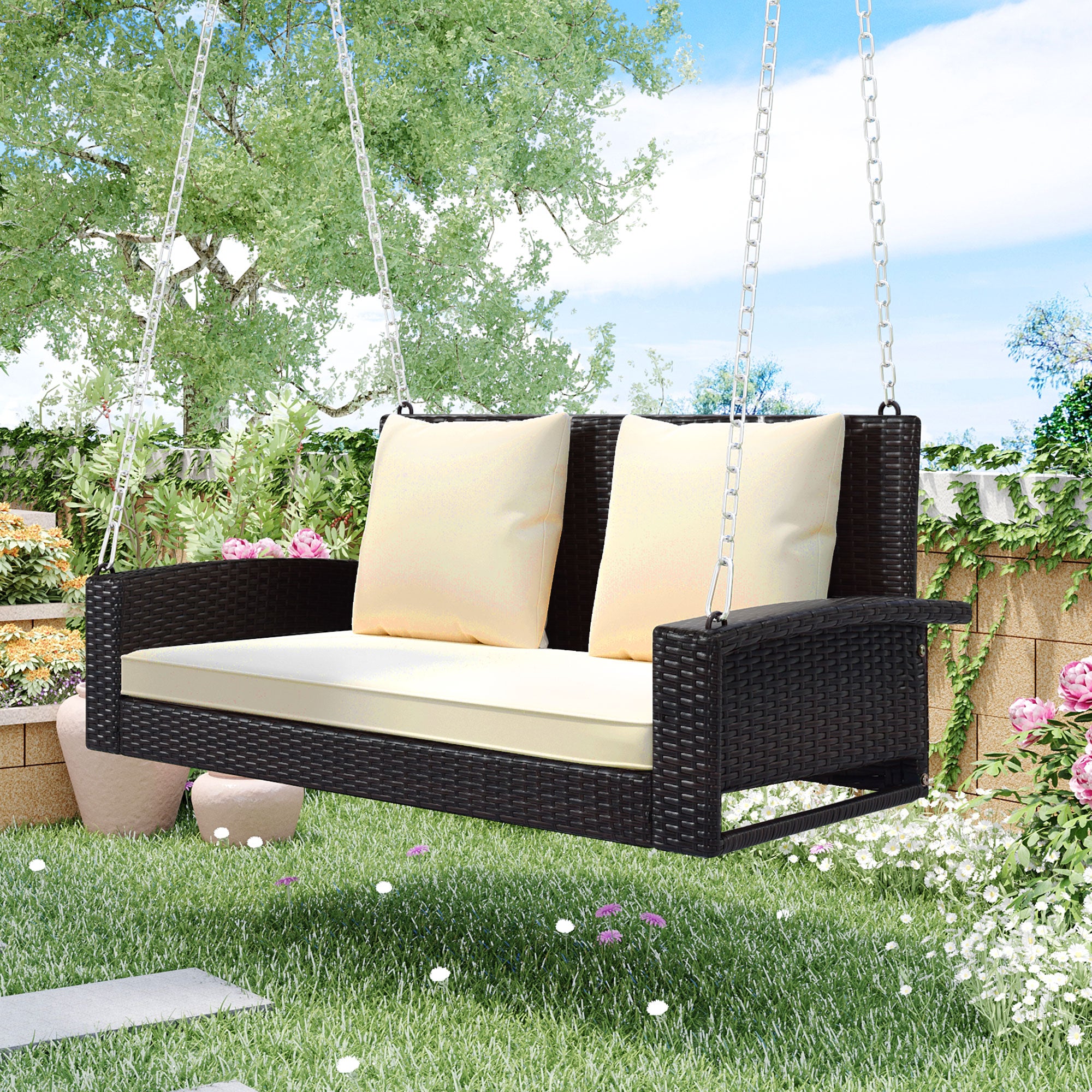 2-Person Wicker Hanging Porch Swing with Chains, Cushion and Pillow BOGOOS01BRO-BEG