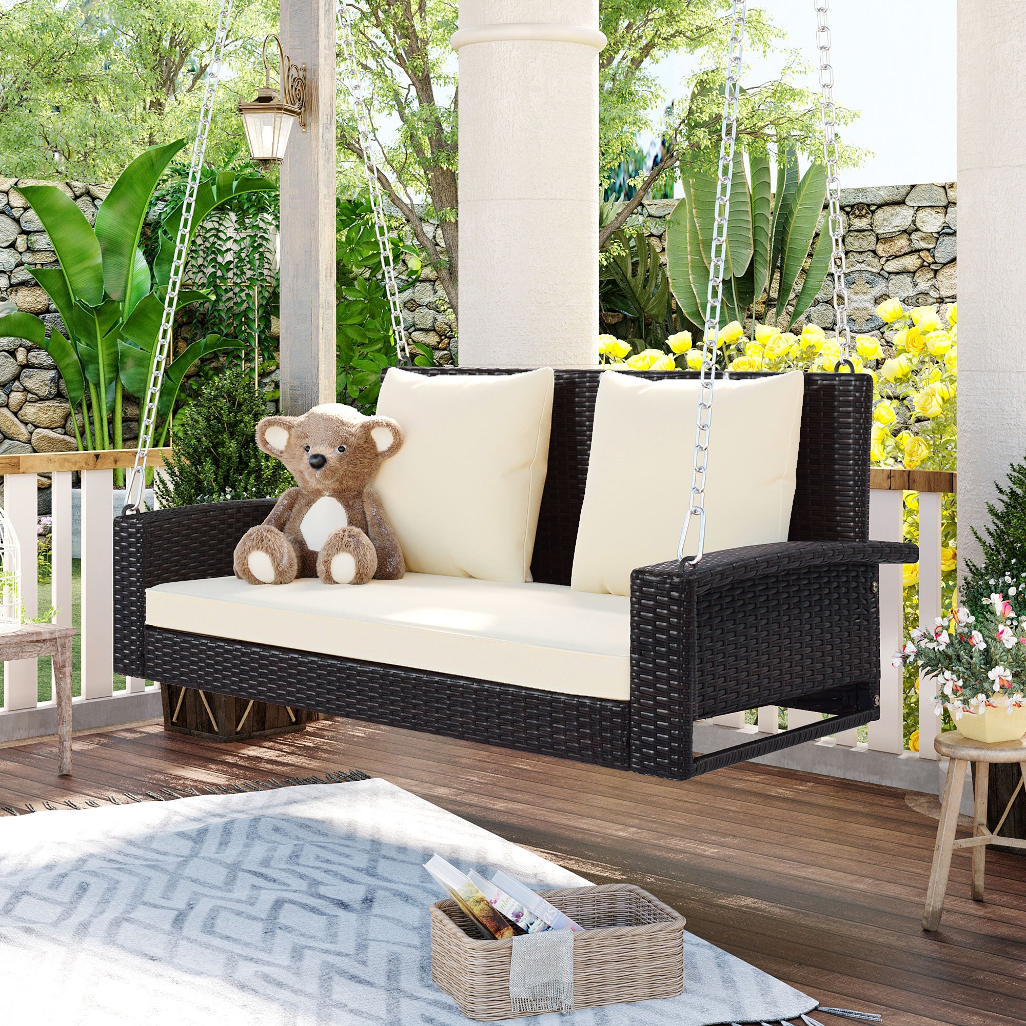 2-Person Wicker Hanging Porch Swing with Chains, Cushion and Pillow BOGOOS01BRO-BEG