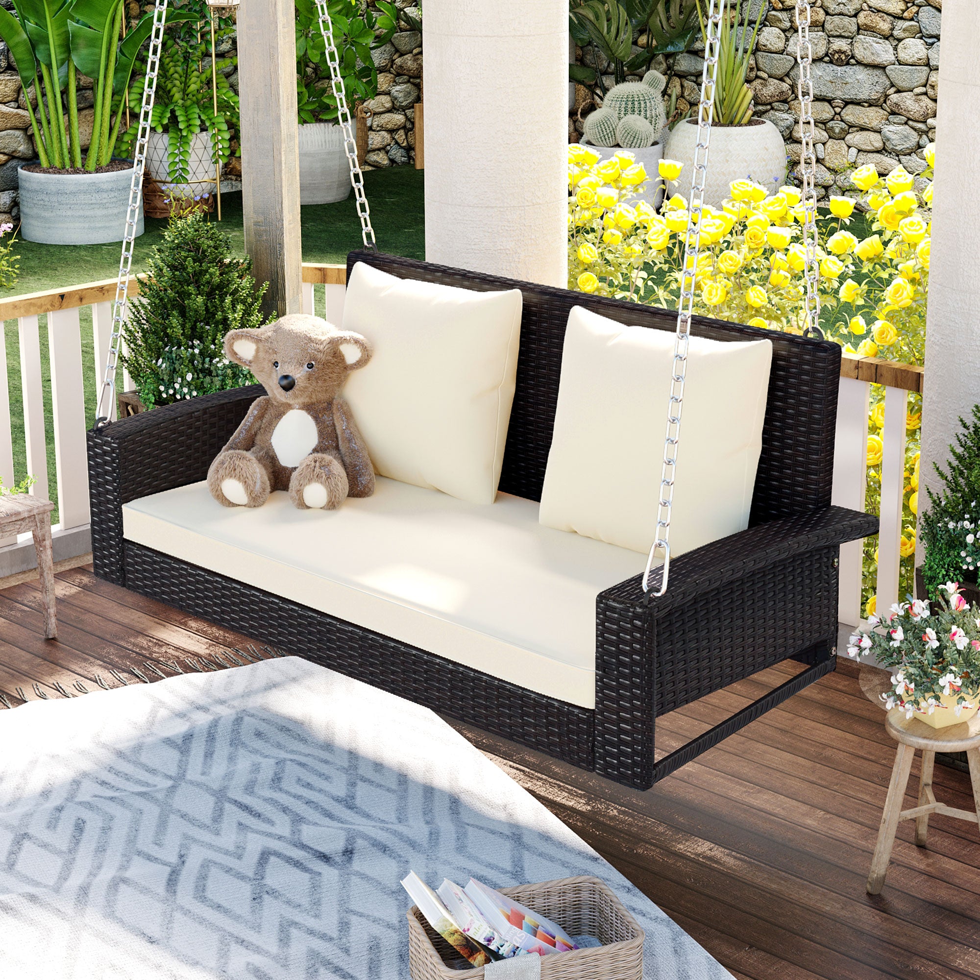 2-Person Wicker Hanging Porch Swing with Chains, Cushion and Pillow BOGOOS01BRO-BEG
