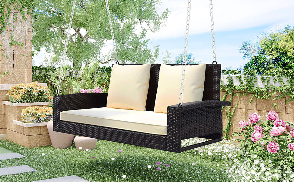 2-Person Wicker Hanging Porch Swing with Chains, Cushion and Pillow BOGOOS01BRO-BEG