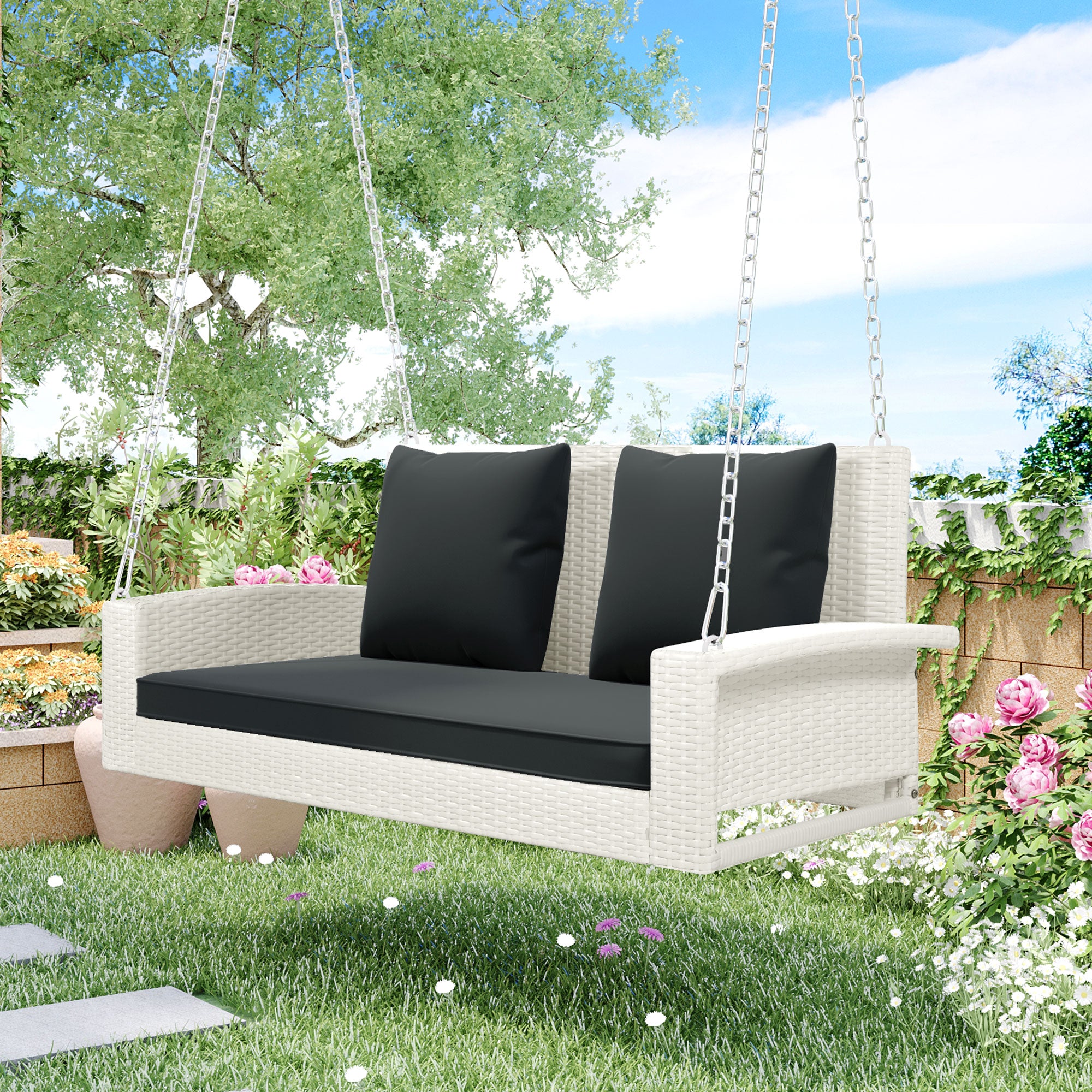 2-Person Wicker Hanging Porch Swing with Chains, Cushion and Pillow BOGOOS01W-G