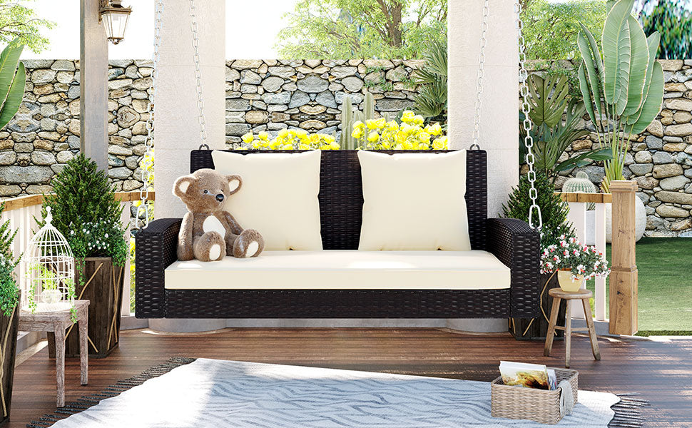 2-Person Wicker Hanging Porch Swing with Chains, Cushion and Pillow BOGOOS01BRO-BEG