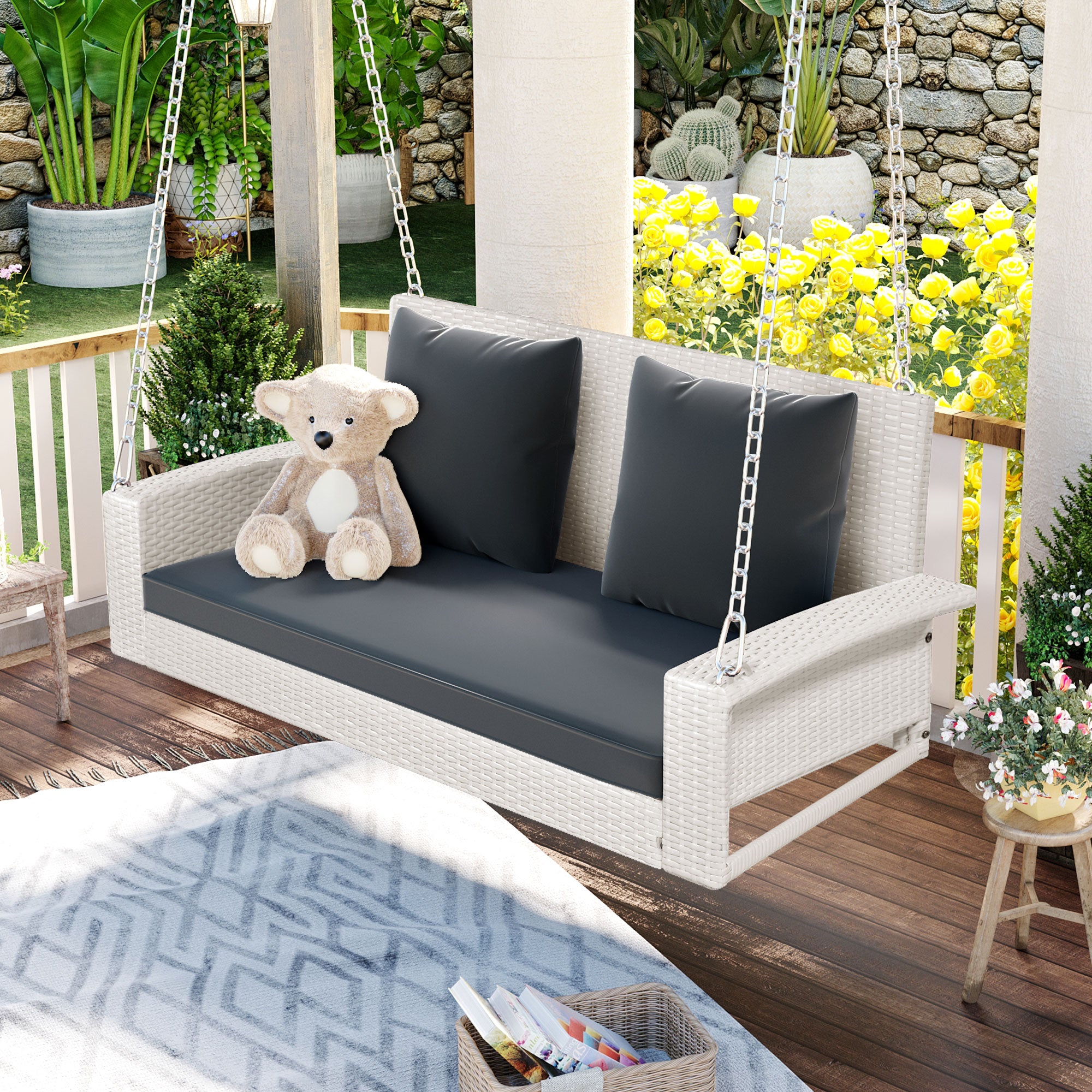 2-Person Wicker Hanging Porch Swing with Chains, Cushion and Pillow BOGOOS01W-G