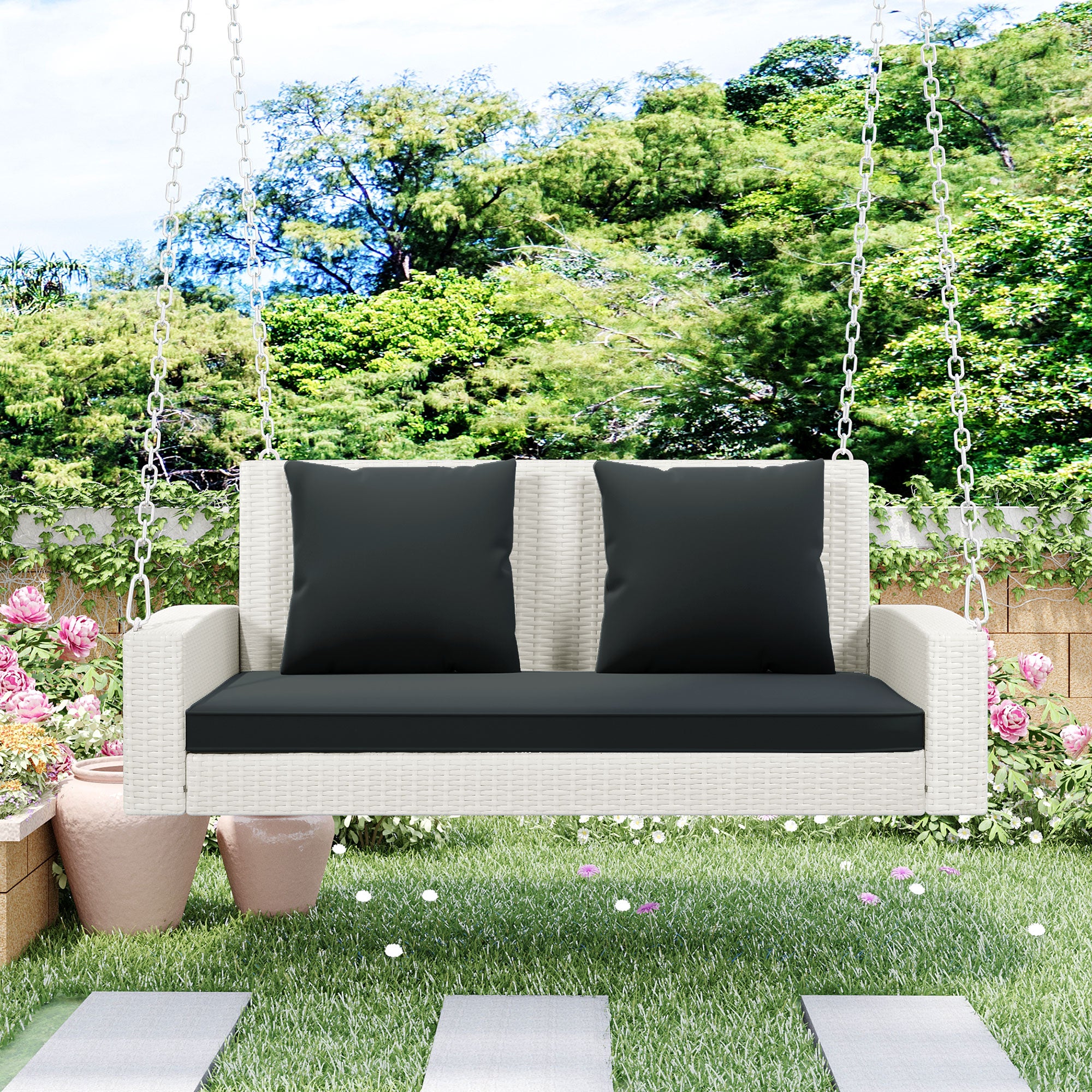 2-Person Wicker Hanging Porch Swing with Chains, Cushion and Pillow BOGOOS01W-G