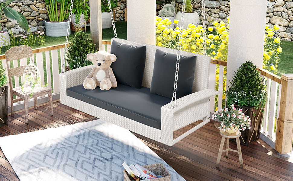 2-Person Wicker Hanging Porch Swing with Chains, Cushion and Pillow BOGOOS01W-G