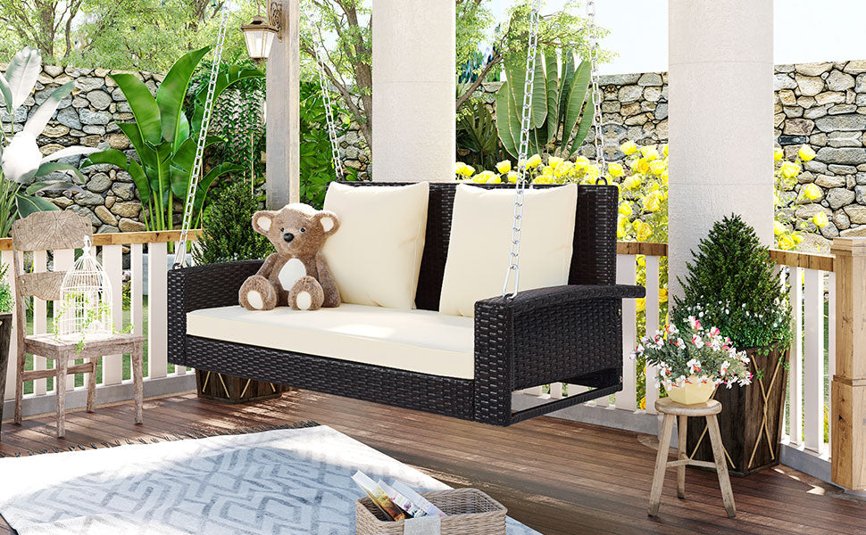 2-Person Wicker Hanging Porch Swing with Chains, Cushion and Pillow BOGOOS01BRO-BEG