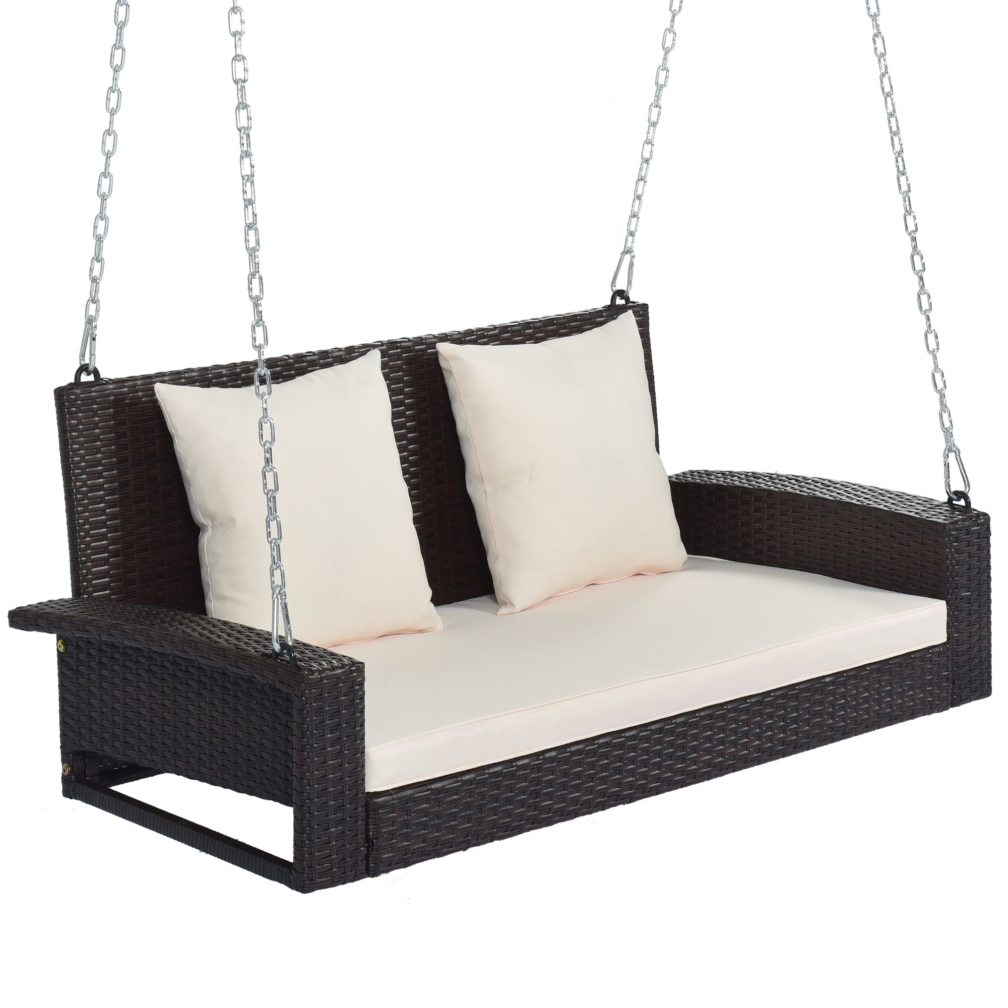2-Person Wicker Hanging Porch Swing with Chains, Cushion and Pillow BOGOOS01BRO-BEG