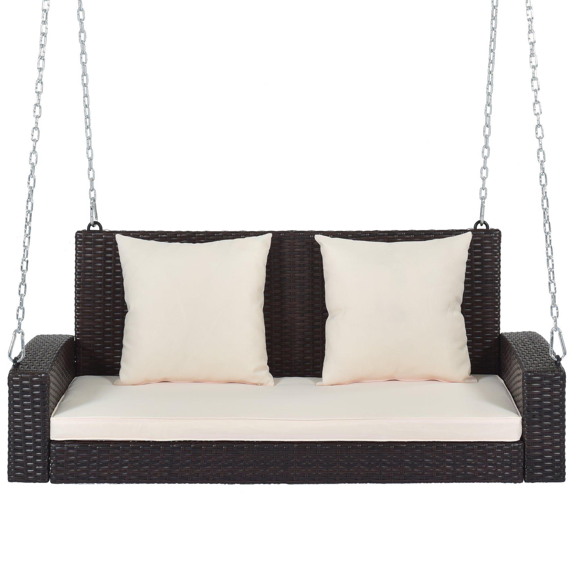 2-Person Wicker Hanging Porch Swing with Chains, Cushion and Pillow BOGOOS01BRO-BEG