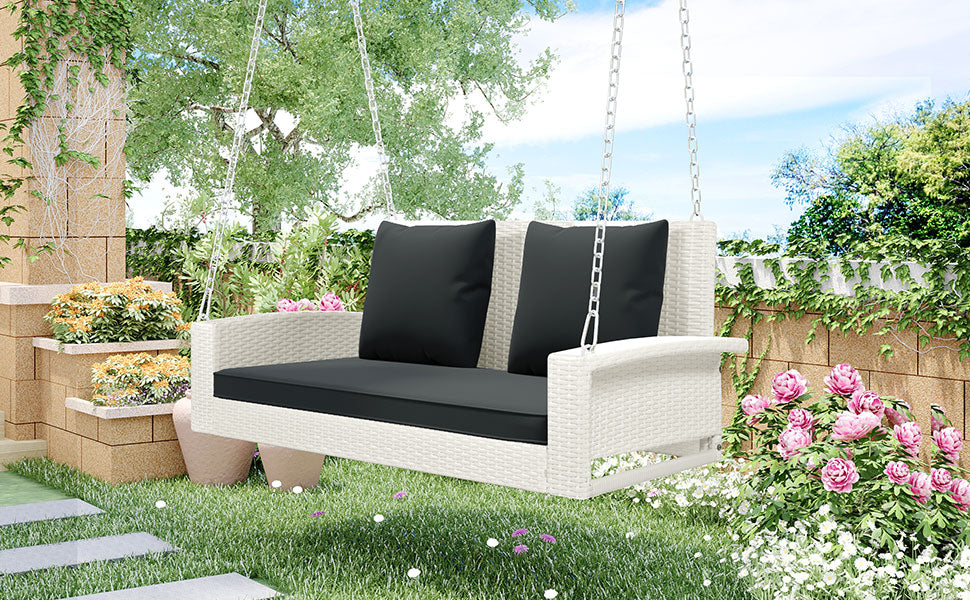 2-Person Wicker Hanging Porch Swing with Chains, Cushion and Pillow BOGOOS01W-G