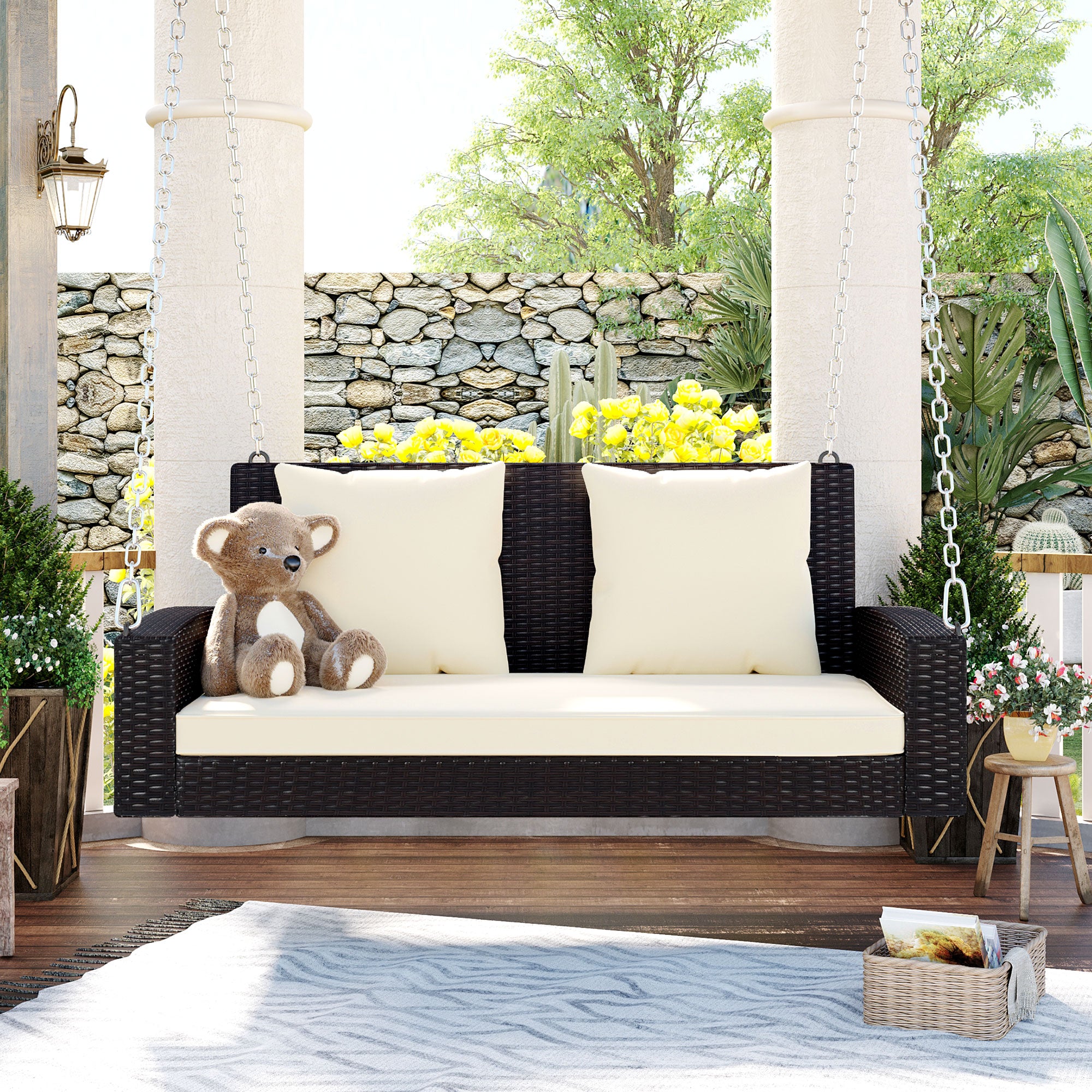 2-Person Wicker Hanging Porch Swing with Chains, Cushion and Pillow BOGOOS01BRO-BEG