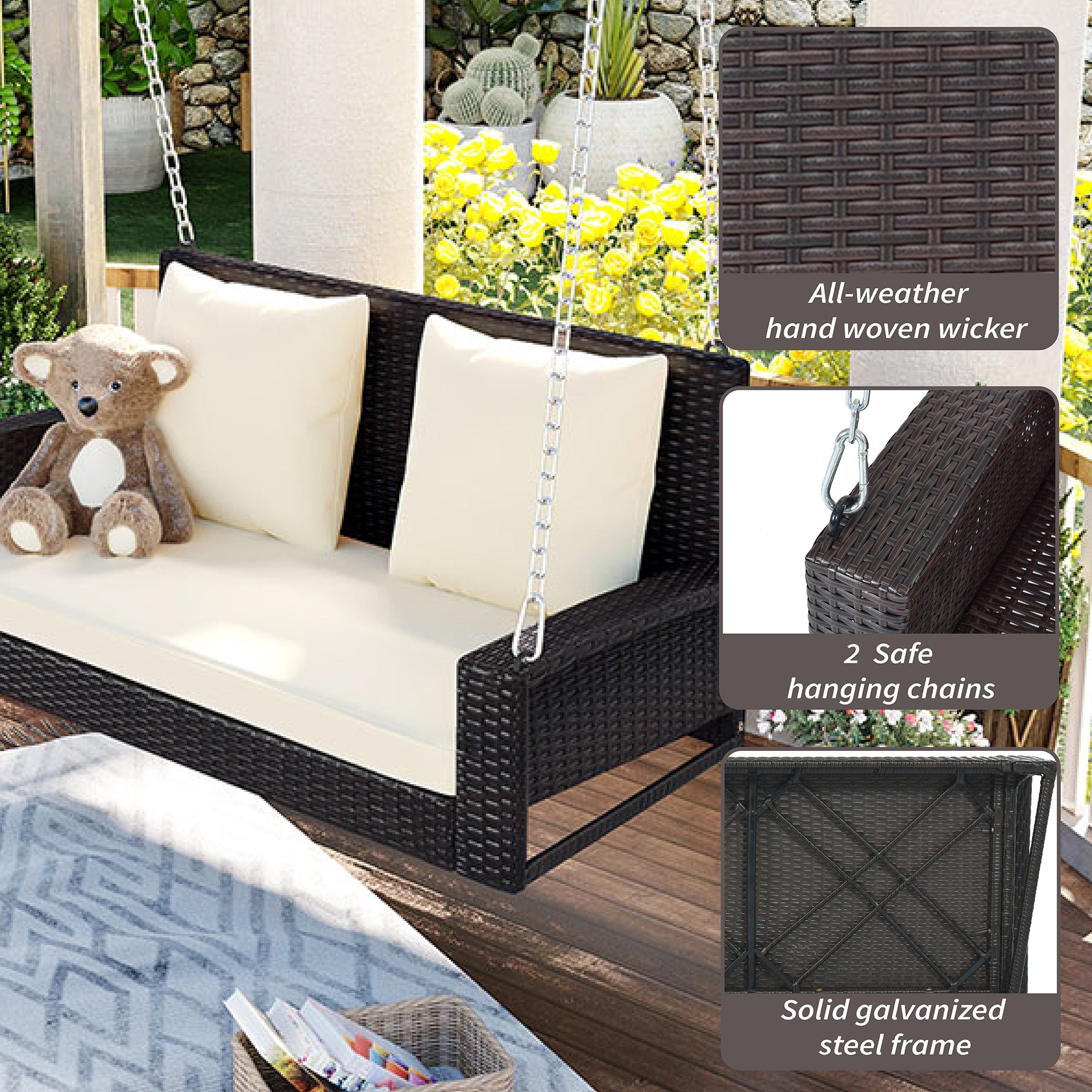 2-Person Wicker Hanging Porch Swing with Chains, Cushion and Pillow BOGOOS01BRO-BEG