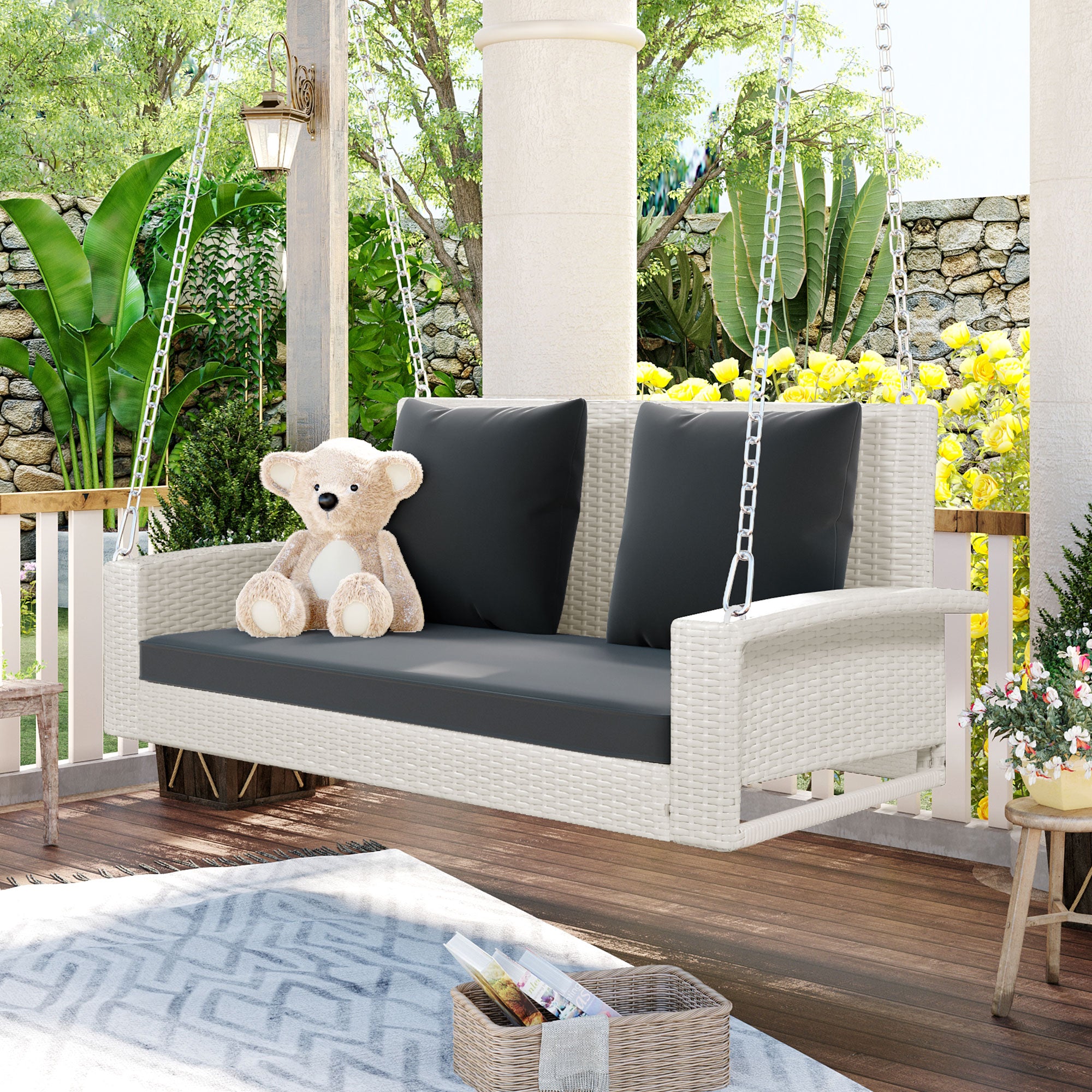 2-Person Wicker Hanging Porch Swing with Chains, Cushion and Pillow BOGOOS01W-G